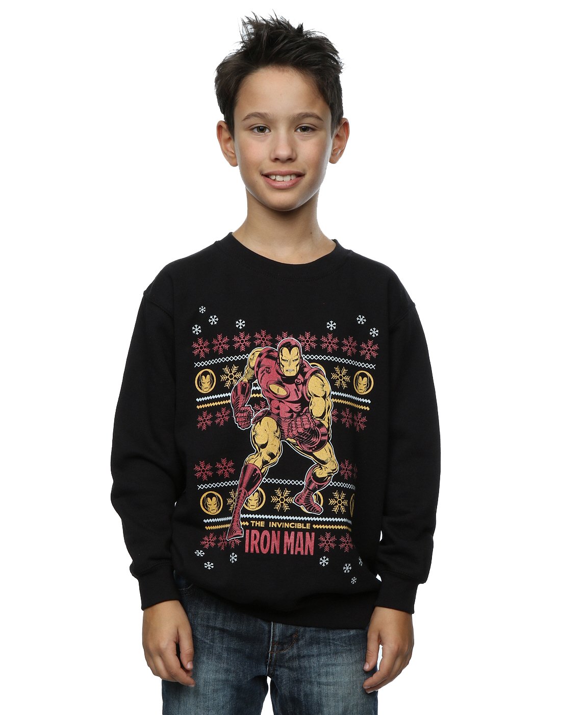Absolute Cult Boys Black Marvel Iron Man Fair Isle Christmas Sweatshirt 7-8 Years