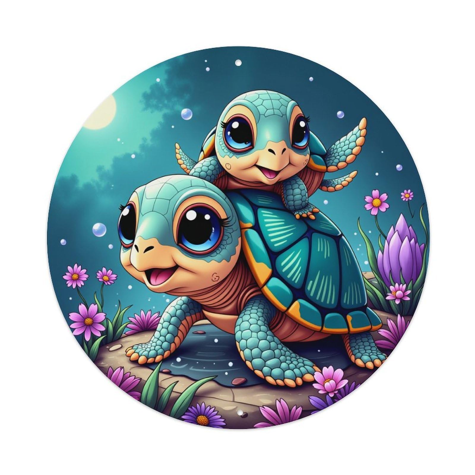 Cute Turtle Pair Night Garden Round Tin Sign Retro Metal Sign for Cafe Bar Pub Home Game Room Gym Club Wall Decoration Vintage Metal Poster 8x8 Inch