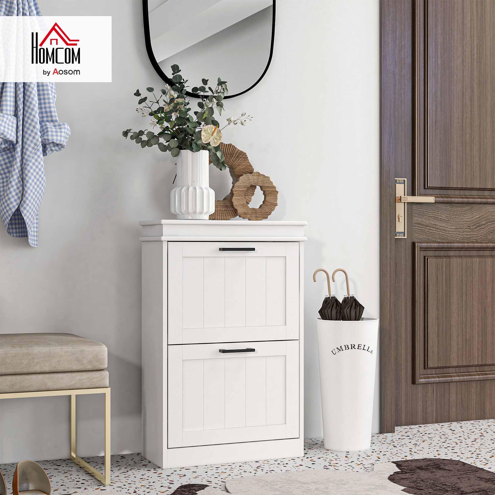 HOMCOM Zapatero Estrecho de 24 cm con 2 Puertas Abatibles Recibidor Blanco | Mueble Zapatero Entrada, Estantes Ajustables, para 6-10 Pares de Zapatos, para Pasillo, Espacios Reducidos