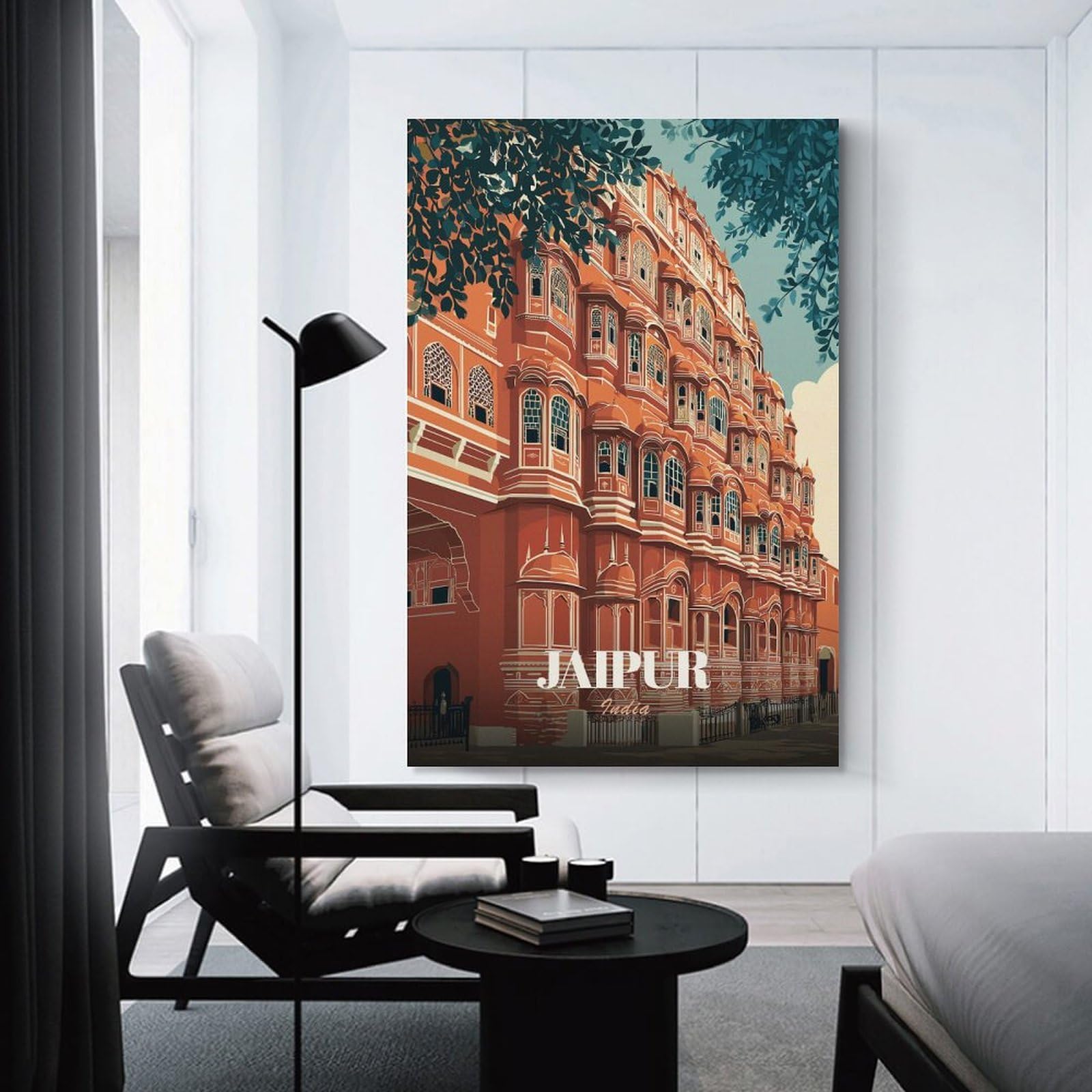 Junmoney Unframe-Style-7 Hawa Mahal, Jaipur India Illustration Canvas Wall Picture, 20X30inch(50X75cm), For Flats, Guest Rooms Or Compact Rooms, An Easy Choice For New Home Styling