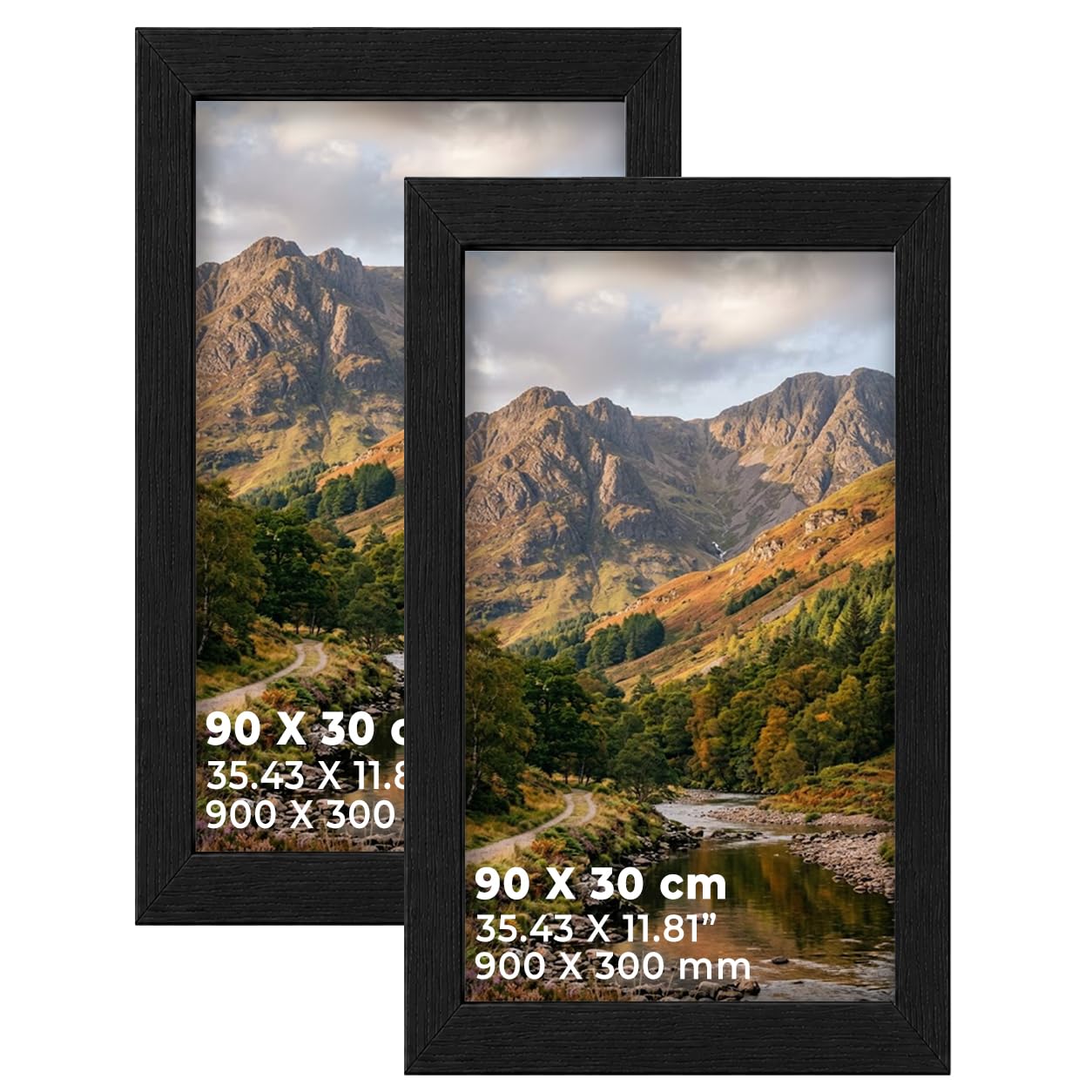 DECORO Black 30x90 CM PANAROMIC Pack of 2 Picture Frame with Plexiglass Front & Engineered Wood Construction, Wall Hanging Display for Photos, Posters, Prints & Artwork, Portrait or Landscape