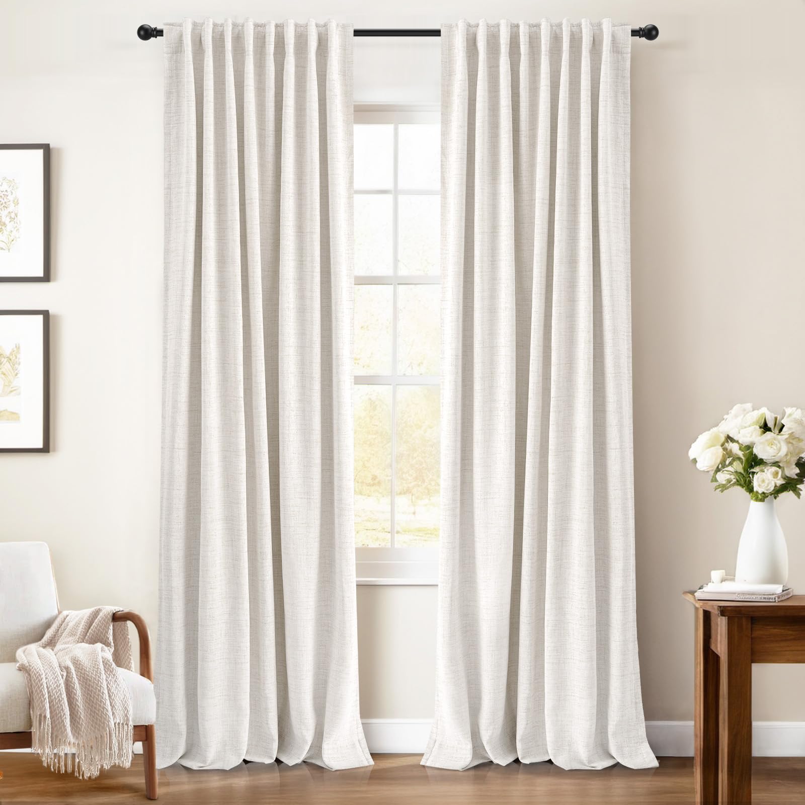 INOVADAY 100% Blackout Curtains 102 Inches Length 2 Panels Set, Back Tab/Rod Pocket Linen Black Out Curtains for Bedroom, Thermal Insulated Window