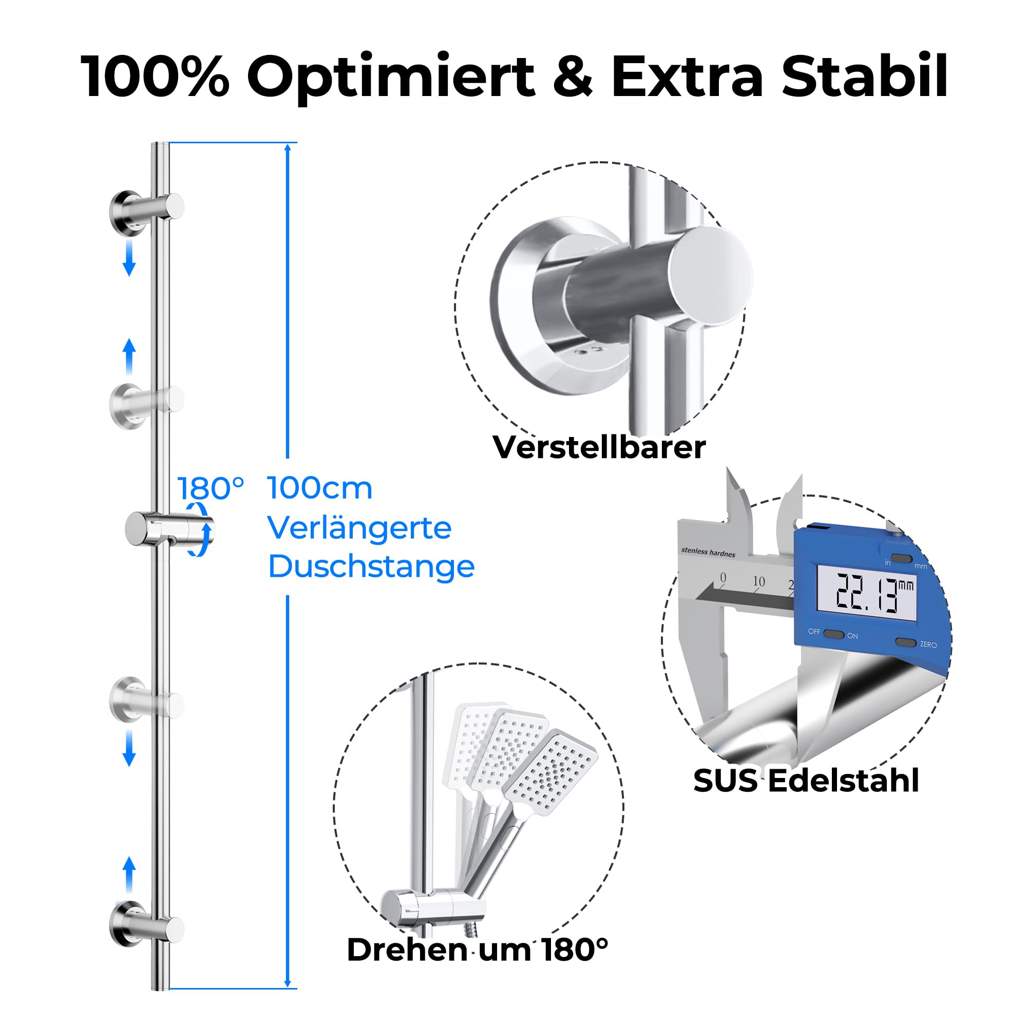 JOHO Dusche Brausestange Edelstahl mit Duschkopfhalter und Variable Wandbefestigungen, bestehende Bohrlöcher nutzbar, Duschstange 100 cm, Chrom