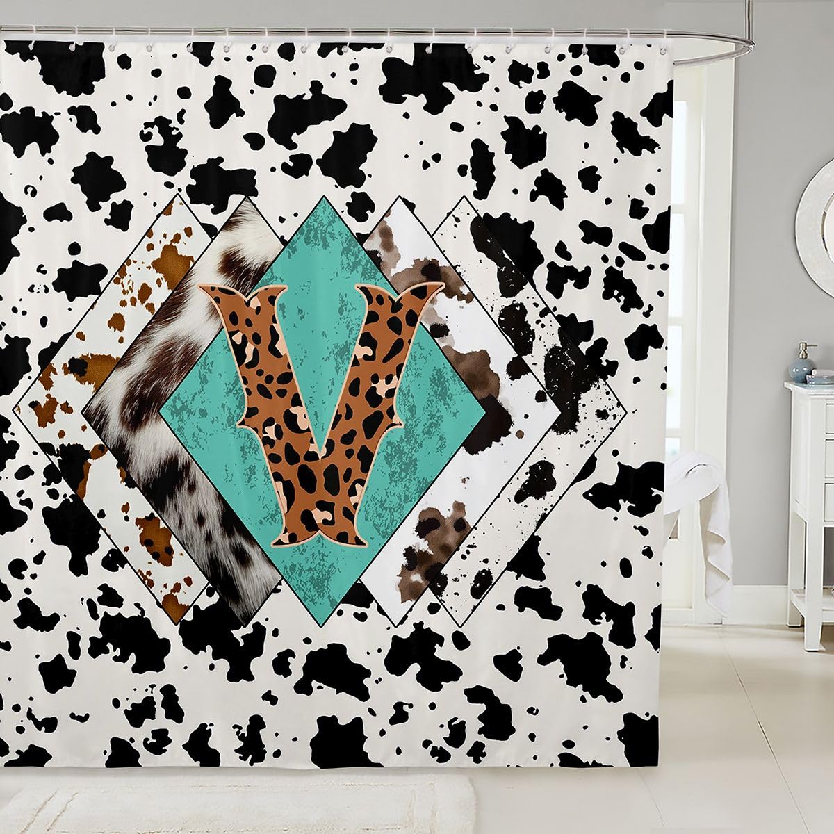 Rideau de douche lettre V taille L léopard monogramme alphabet imprimé cuir de vache rideau de bain pour adultes design rustique rétro rideaux de bain imperméables avec 12 crochets pour baignoire