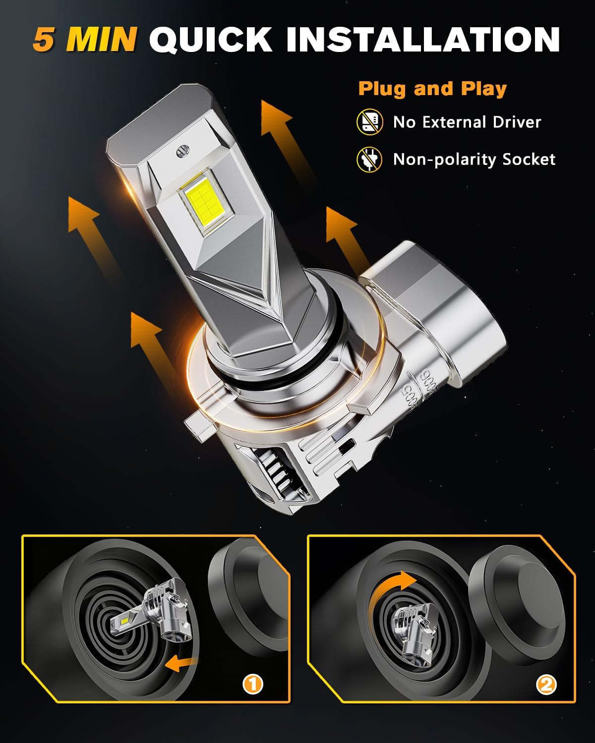 Light Bulb 30000LM Bright High Low Beam 9006 Plug-Play Fog Lamp Driving Light Bulb IP68 Waterproof w/Turbo Cooling Fan Compatible with Silverado Tahoe Yukon XL Sierra Pack of 2 (HB4/9006)