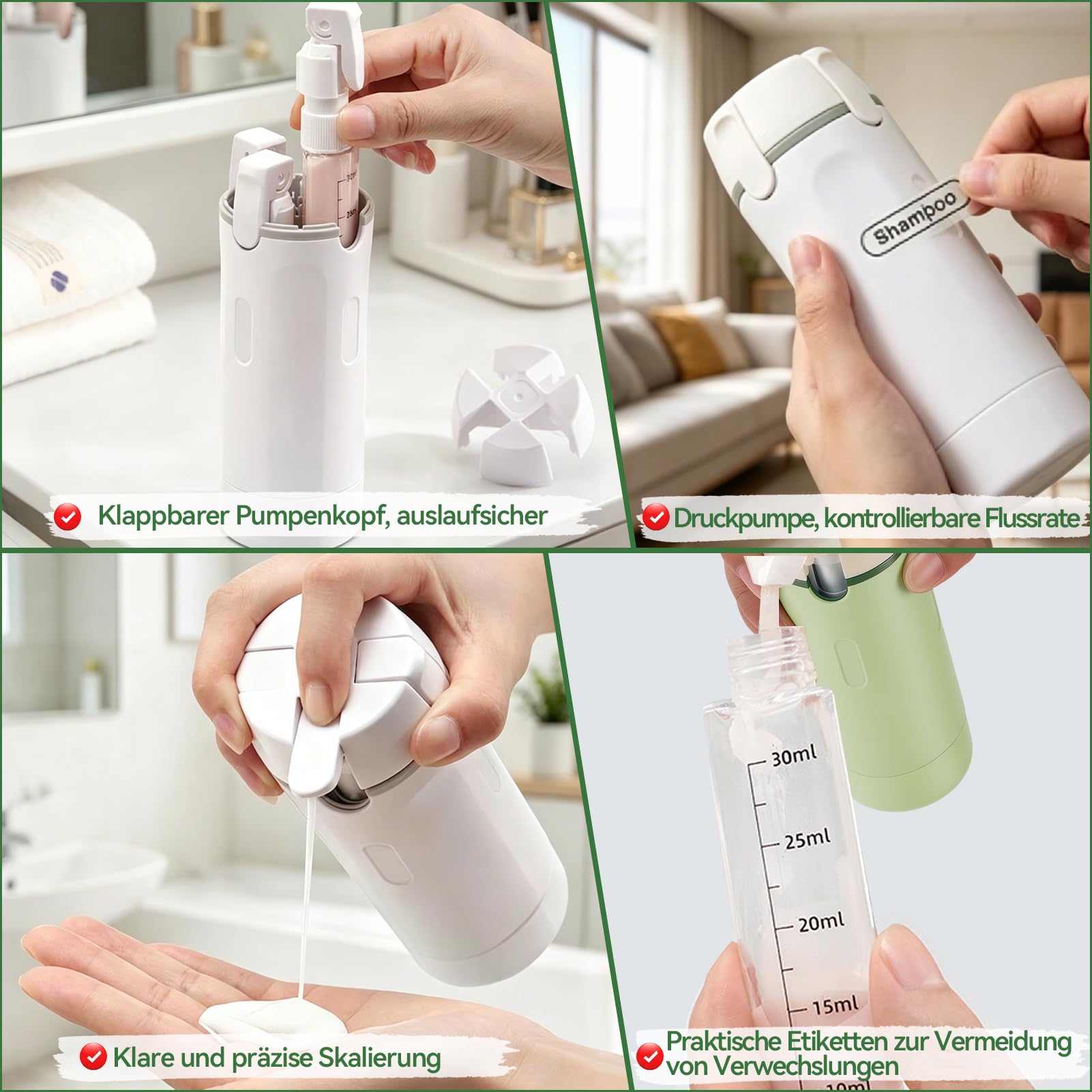 Dispenser da viaggio 4 in 1, bottiglie da viaggio ricaricabili da riempire, contenitore da viaggio a prova di perdite, con scala ed etichette per shampoo, gel doccia e lozione, bottiglia