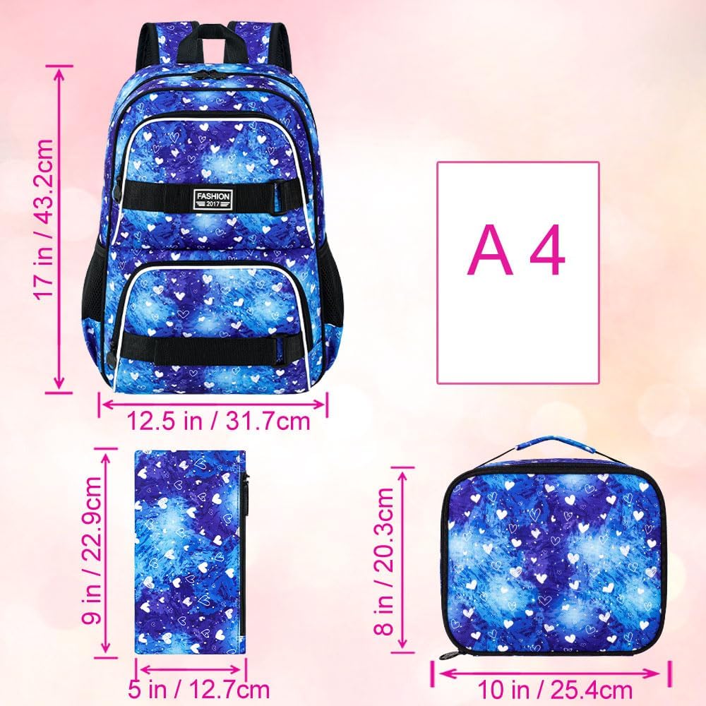 17 Inches Girls Backpack, 3Pcs Love Laptop Backpacks with Lunch Bag, Water Resistant College School Bookbag Set for Teens Students(Blue) - Image 4