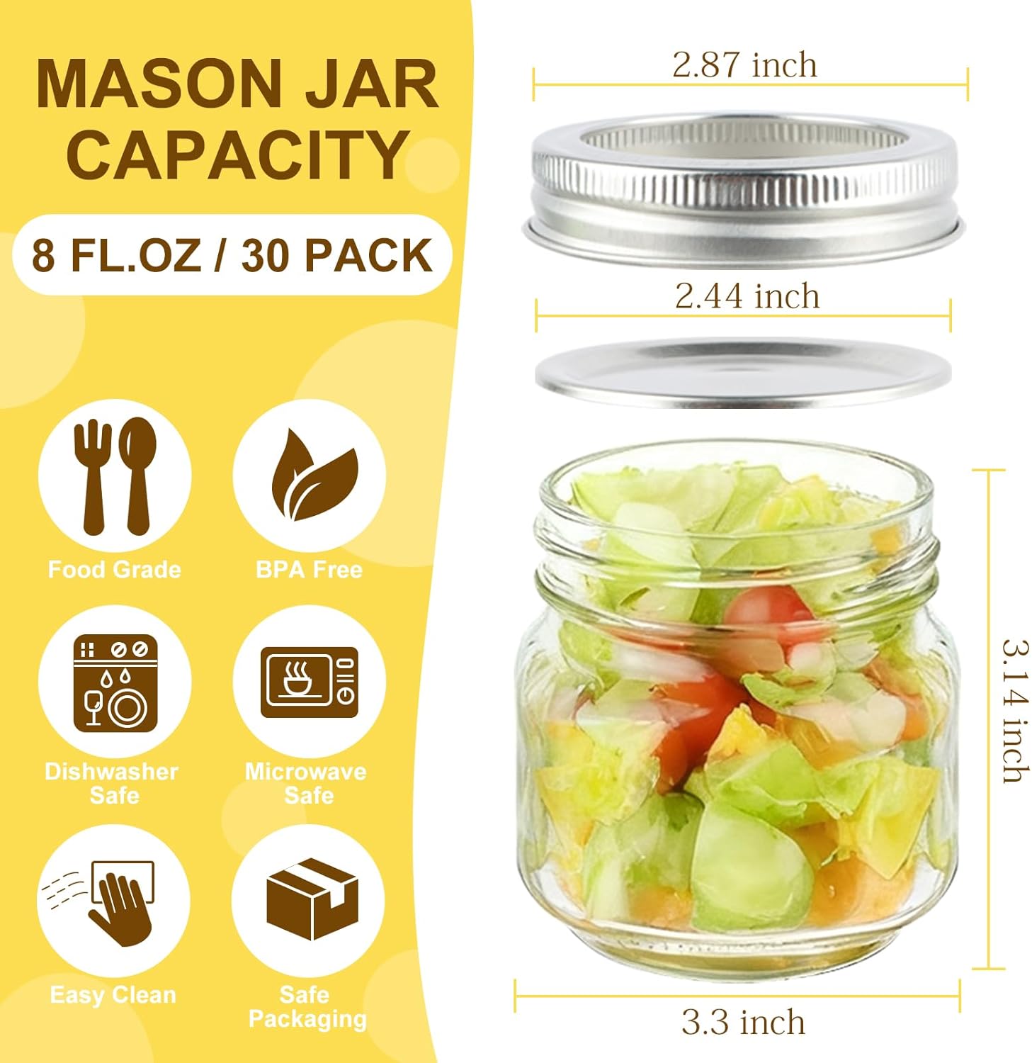 30 Pack Mason Jars 8 oz with Regular Lids and Bands, Small Mason Jars, Half Pint Canning Jars for Jelly Jam Honey DIY Crafts