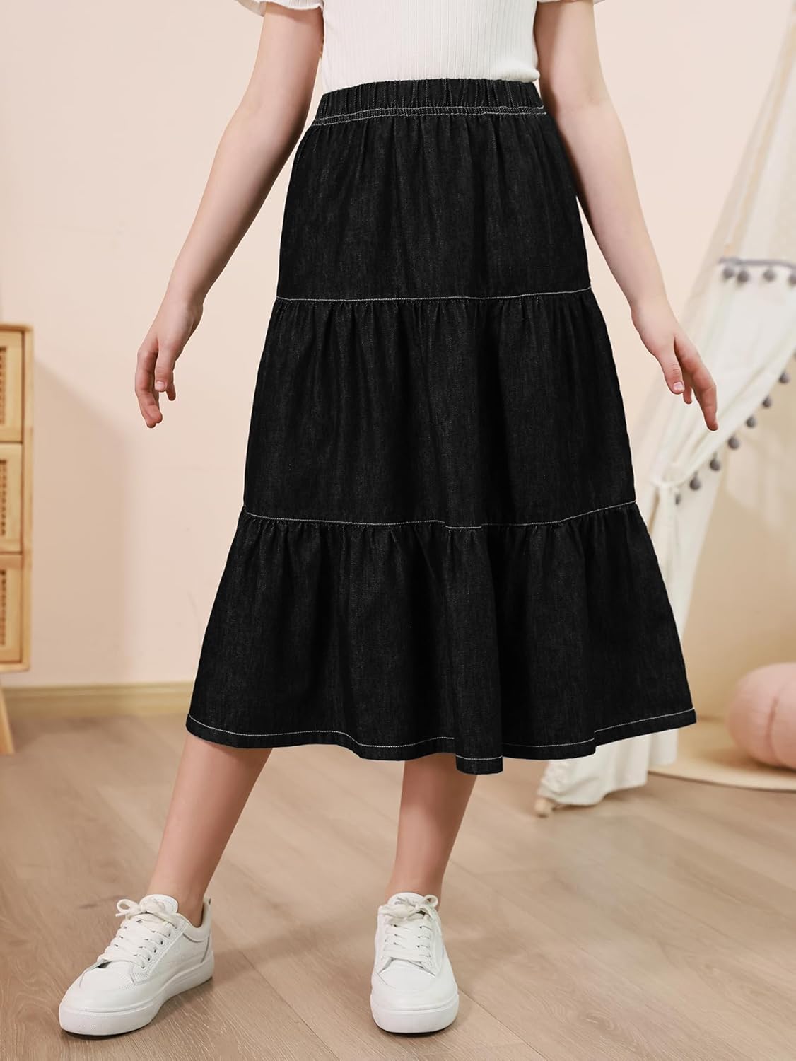 GORLYA Girls Denim Long Skirts Trendy Casual Tiered Ruffle Hem Elastic Waist A-Line Jean Skirts with Pockets 6-14 Years - Image 5