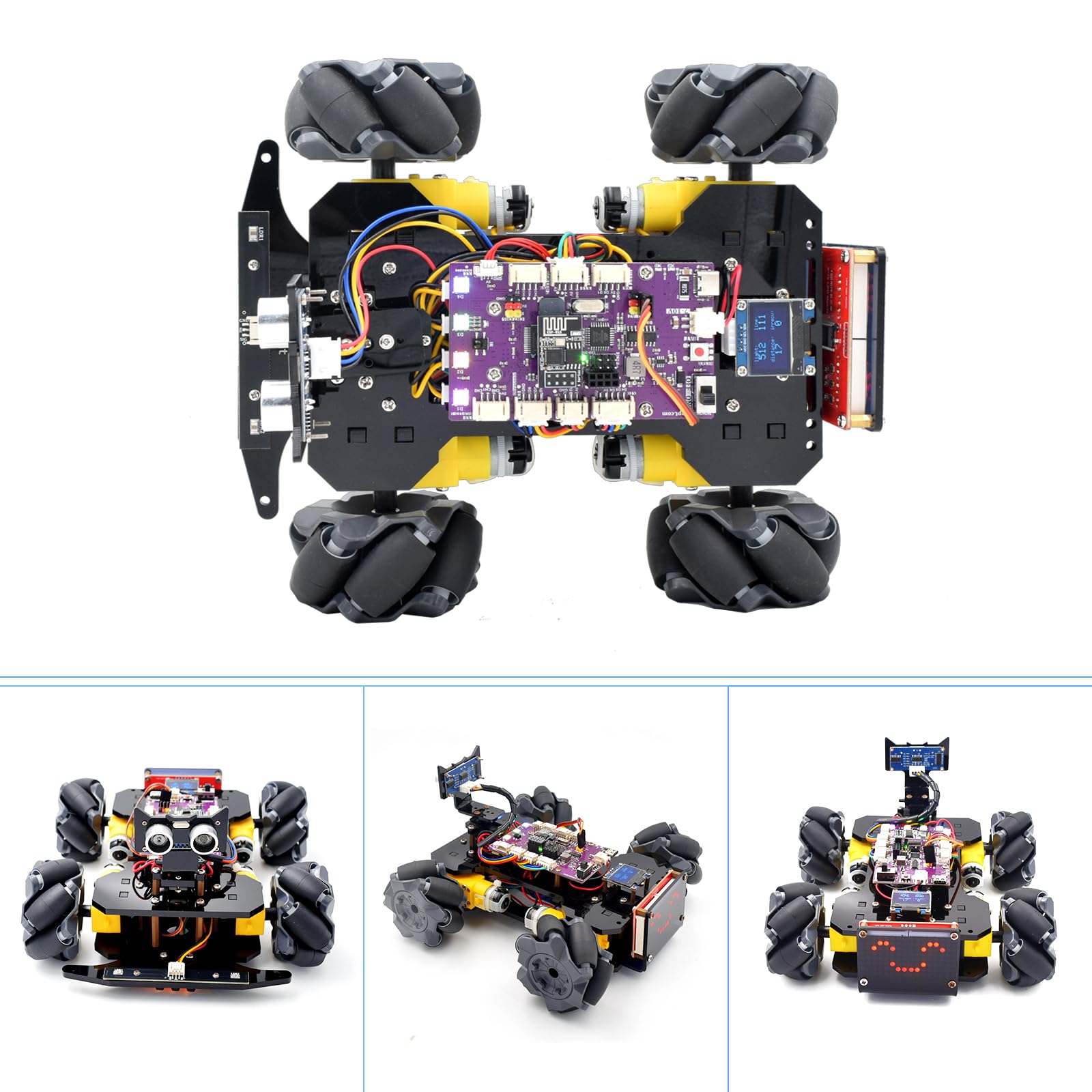 Adeept Mecanum Wheel Smart Car Kit (kompatybilny z Arduino IDE), śledzenie linii, śledzenie światła, unikanie przeszkód, silnik serwo, wyświetlacz OLED, brzęczyk, wyświetlacz LED Dot Matrix