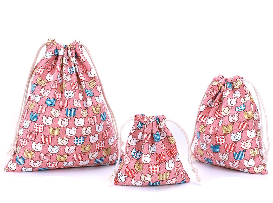 Amoyie Canvas Drawstring Bag 3pcs, Kids Storage Bag, Fabric Organiser Pouch