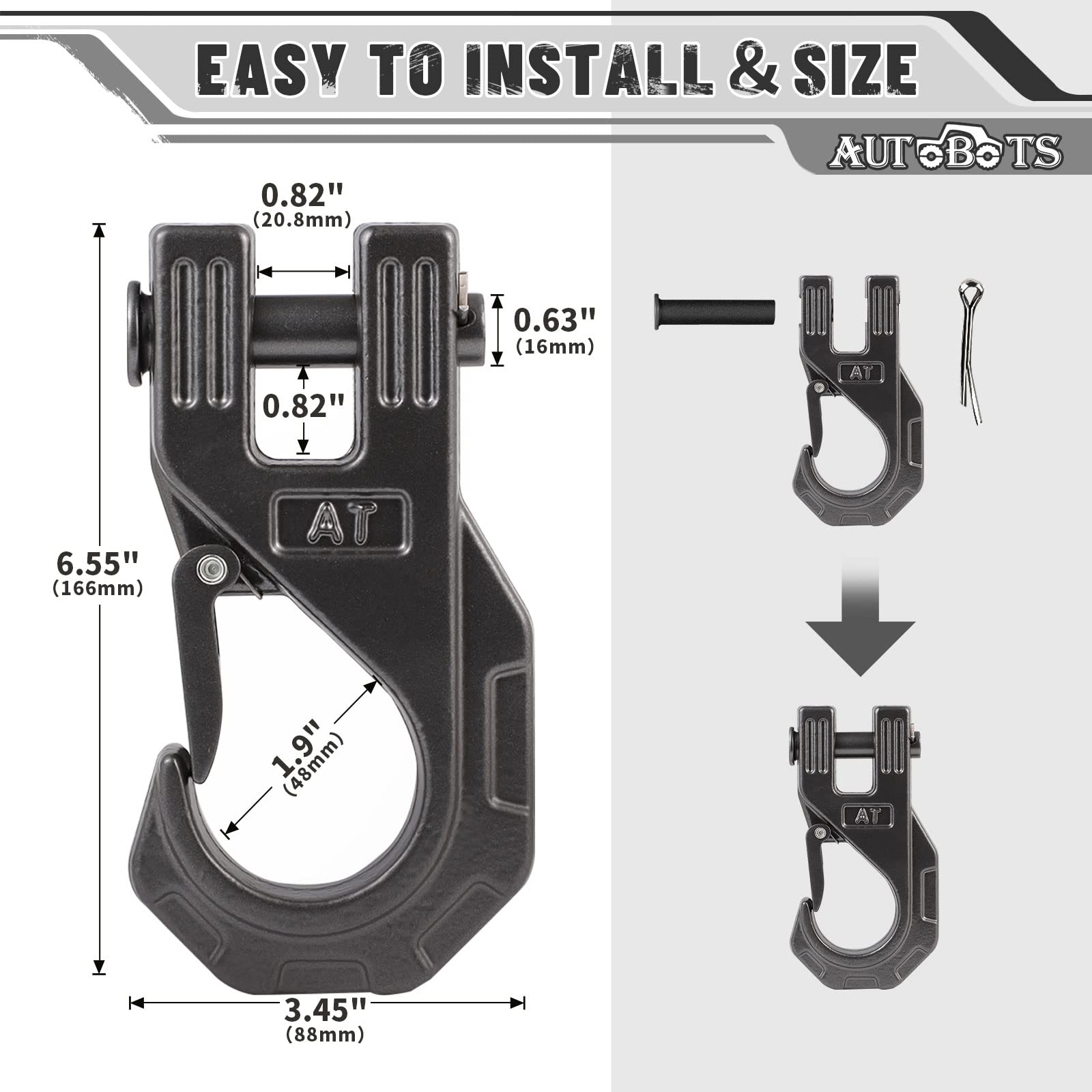 AUTOBOTS 3/8" Winch Hook Heavy Duty, Max 20 Ton (45,000 Lbs), Steel ATV