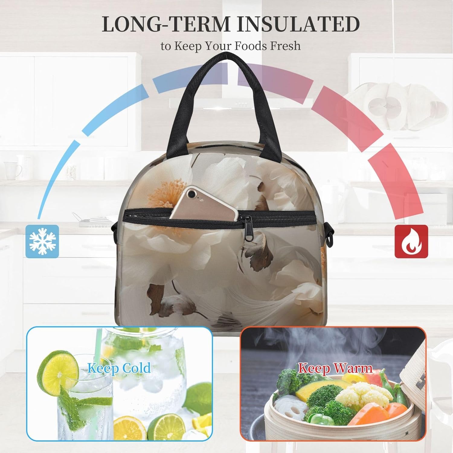 Floral Graphite Print Reusable Lunch Bag Insulated Lunch Boxes for Office Work Picnic Tote Bag Adjustable