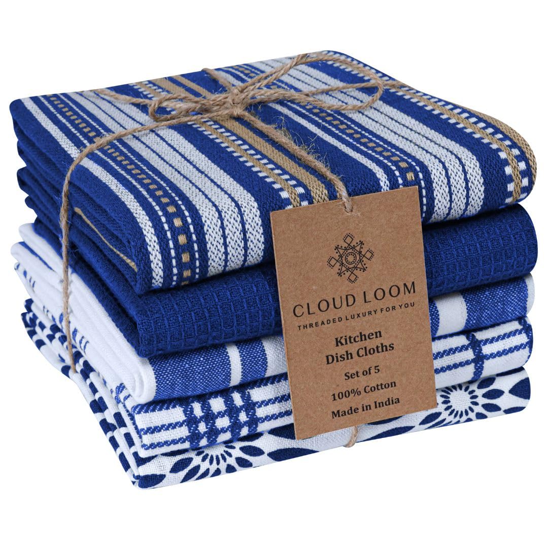 Assorted Kitchen Towels Large 16x26 inch 100% Cotton Set of 5 - Soft Absorbent Washable Tea Towel for Kitchen - Dish Cloths Towel with Hanging Loop - Quick Drying Dish Towels Blue