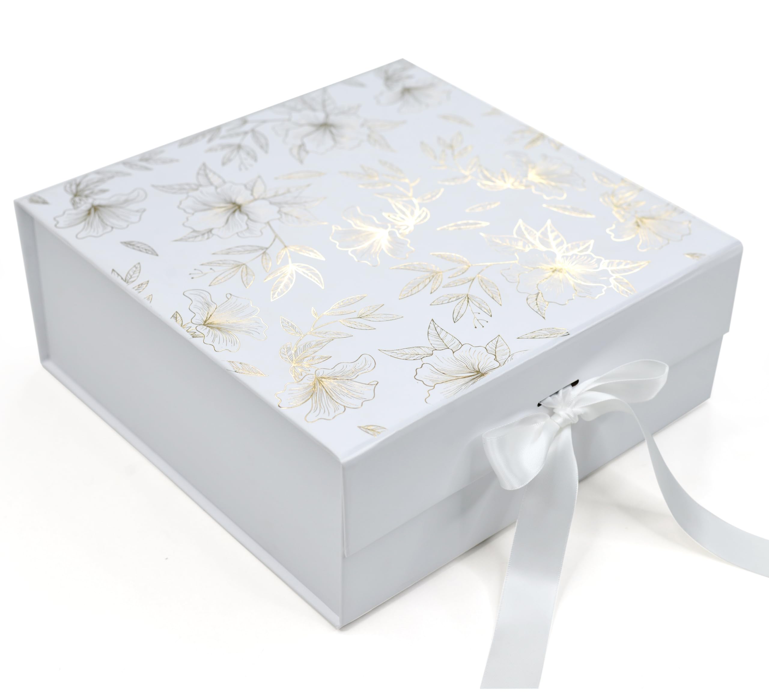 RBS®-MEDIUM White Gift Box Empty 26x26x10cm Decorative Floral Gift Boxes for Presents (1 Pack) Box for Gift Packing Multipurpose Hamper Boxes for Gift Empty Reuse Packaging Boxes (White Gold Floral)