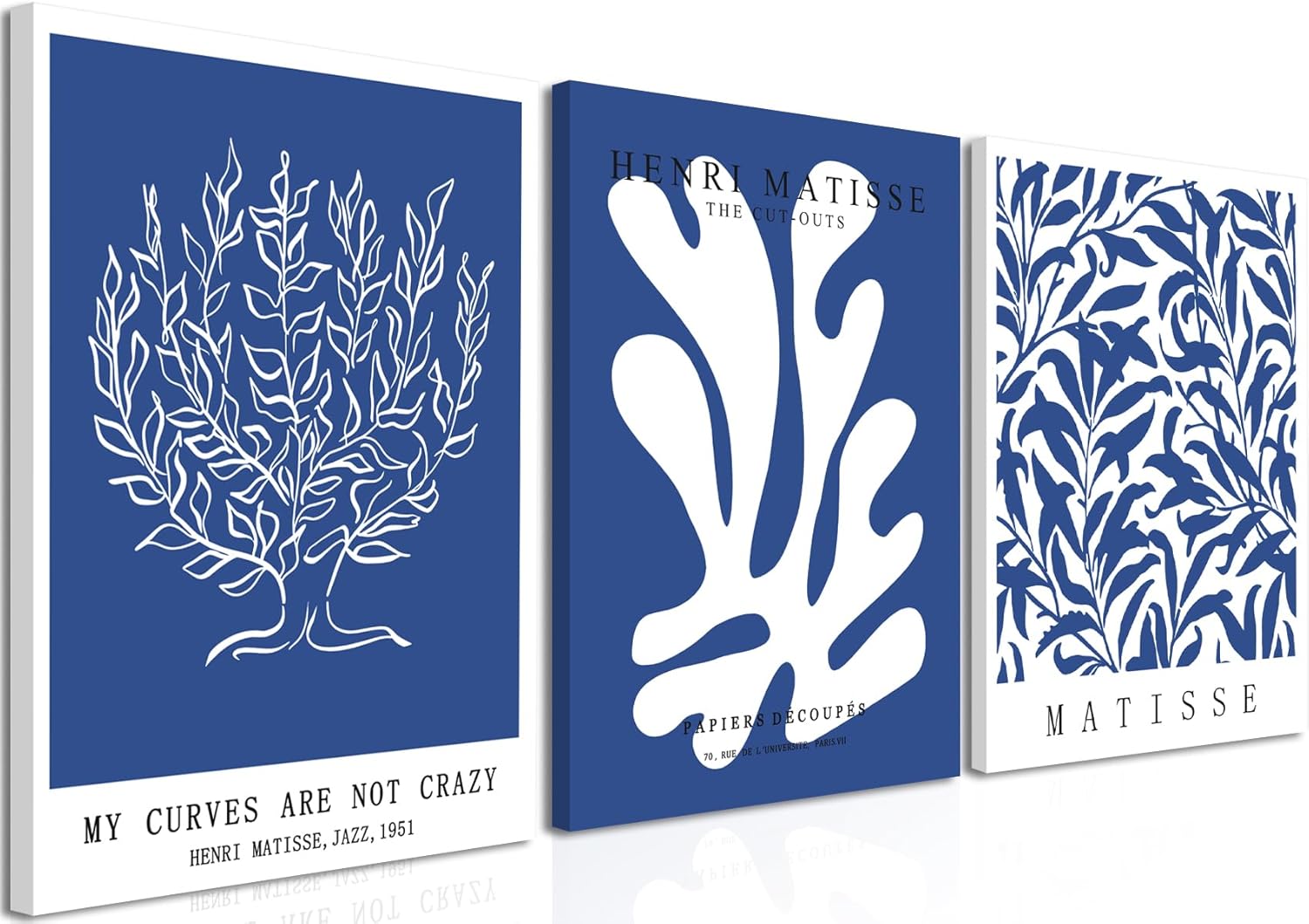 Framed Henri Matisse Canvas Wall Art Set of 3 - Abstract Blue and White Botanical Line Wall Decor Paintings, Modern Minimalist Poster Prints Aesthetic Home Decor for Living Room Bedroom Office 16x24 inch Blue Tree 16X24Inch Canvas