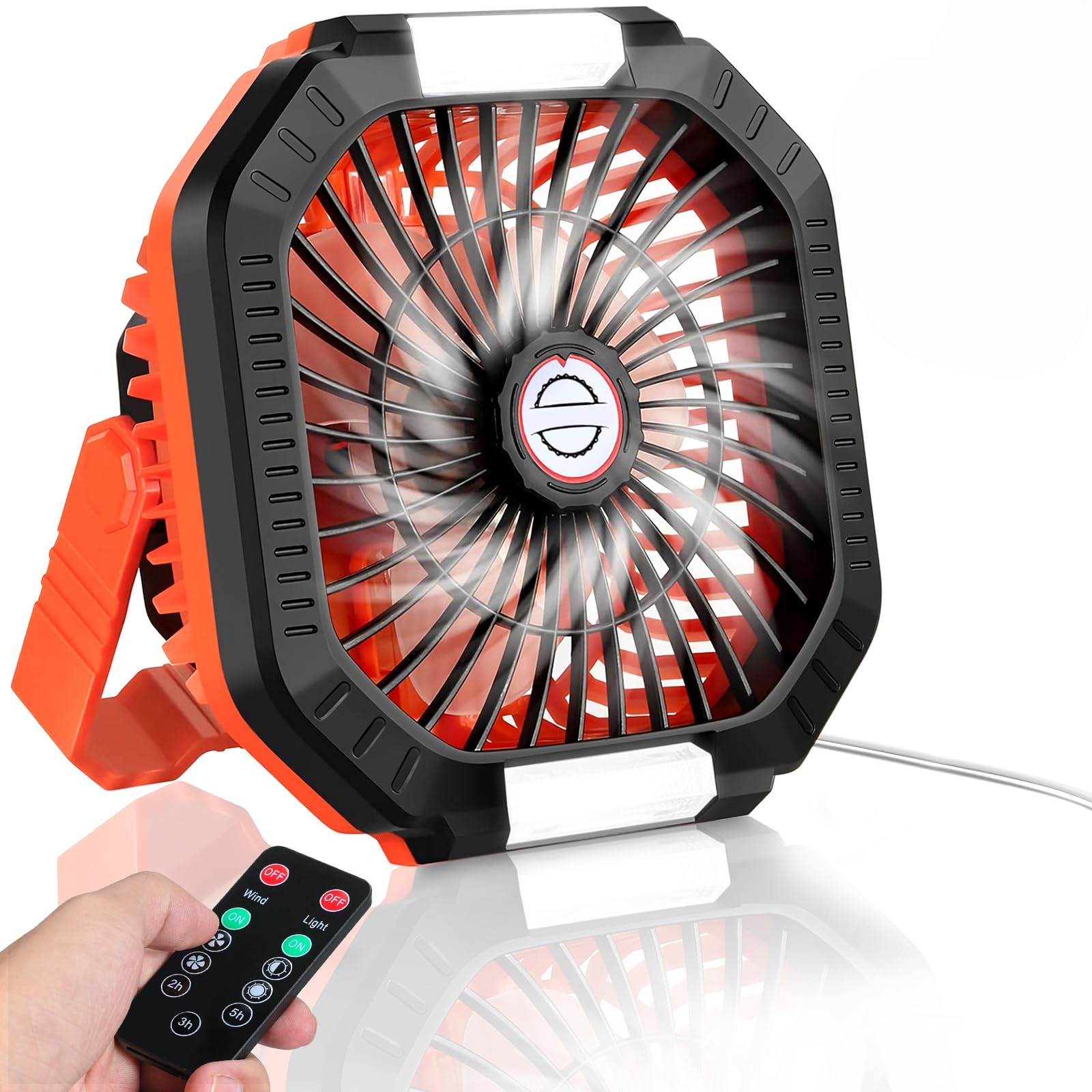 Ventilatore da campeggio, ventilatore da tavolo USB con batteria, luce, gancio, cinturino in paracord, 4 velocità, 3 regolazioni temporizzate, adatto per camera, campeggio, viaggio