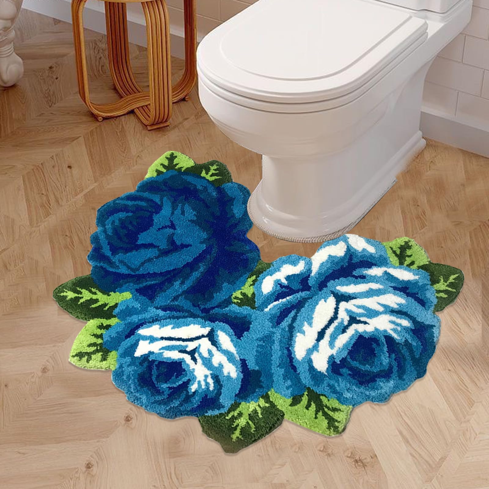 ABREEZERose Rug Bath Rug Floor Runner Handmade Rug Blue Floral Mats Anti-Slip(Non-Slip) Modern Carpet Washable Floor Mats for Bedroom/Sofa/Bathroom (3 Roses in Bloom, Blue)