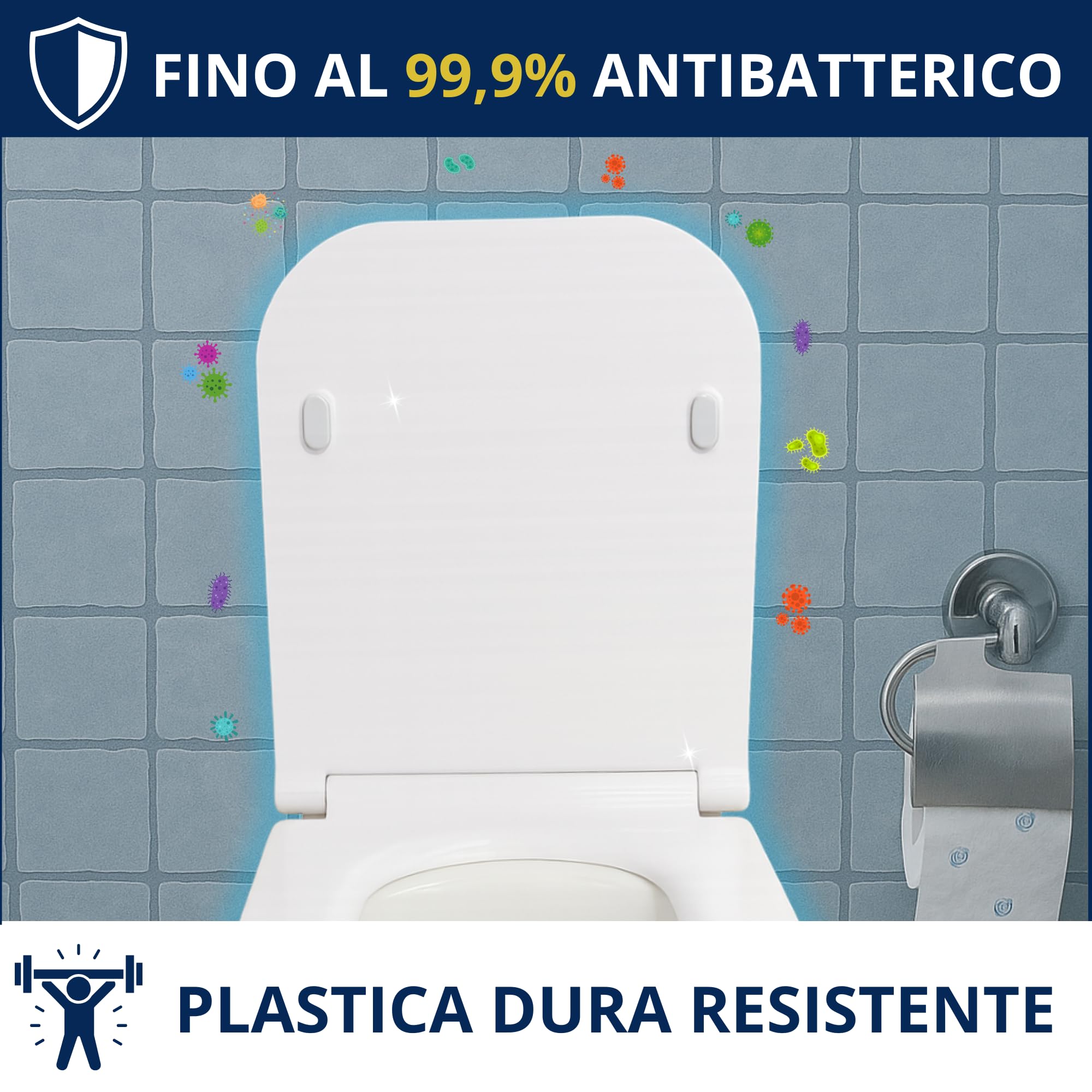 HYDRO HOME Copriwater Forma Rettangolare Super Sottile Slim Chiusura Ammortizzata e Sgancio Rapido Compatibile con vari modelli, Plastica Termoindurente Cerniere Regolabili fissaggio dall'alto Bianco
