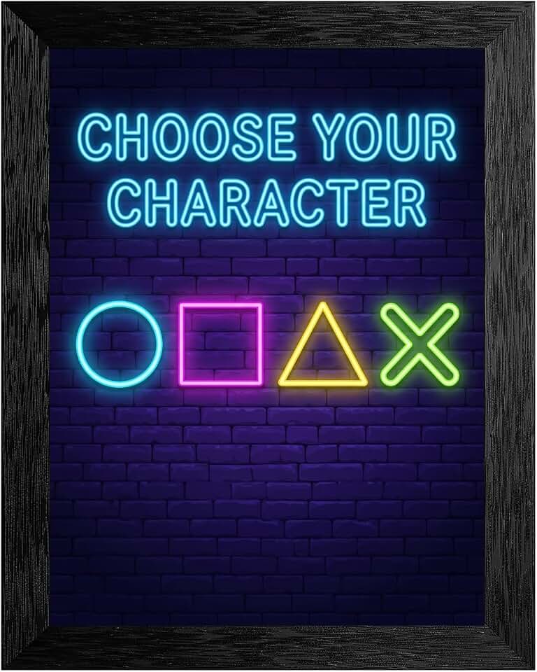 Framed Canvas Wall Art Neon Gaming Symbols Blue Choose Your Character Glowing Shapes Canvas Print Poster Black Frame Wall Decor for Game Room Retro Arcade Decor, Gamer Gifts - Inch 8x10