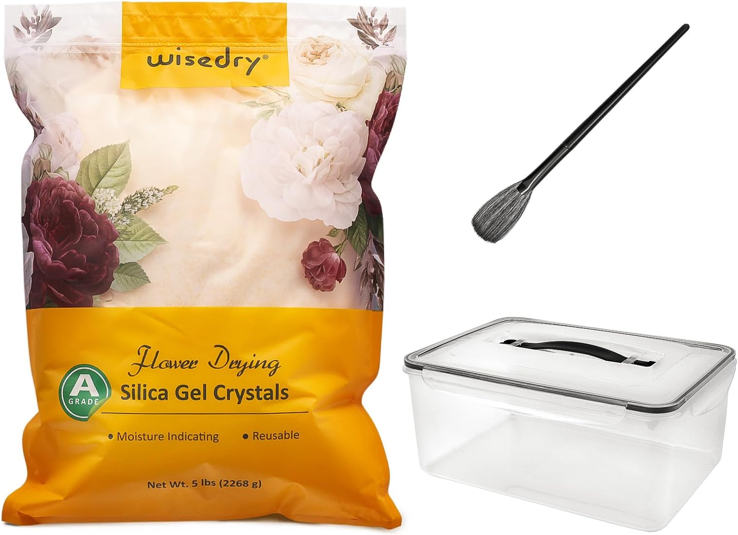 wisedry 5 LBS Silica Gel Flower Drying Crystals with Sealed Container & Brush, Color Indicating, Reusable
