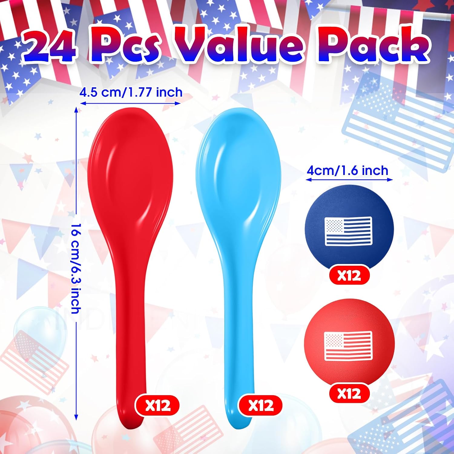 24 Pack Memorial Day Spoon Relay Race Set Patriotic Ball Egg Spoon Race Game for 4th of July Independence Day Indoor Outdoor Party Game Supplies 250th Anniversary(Red, Blue,American Flag)