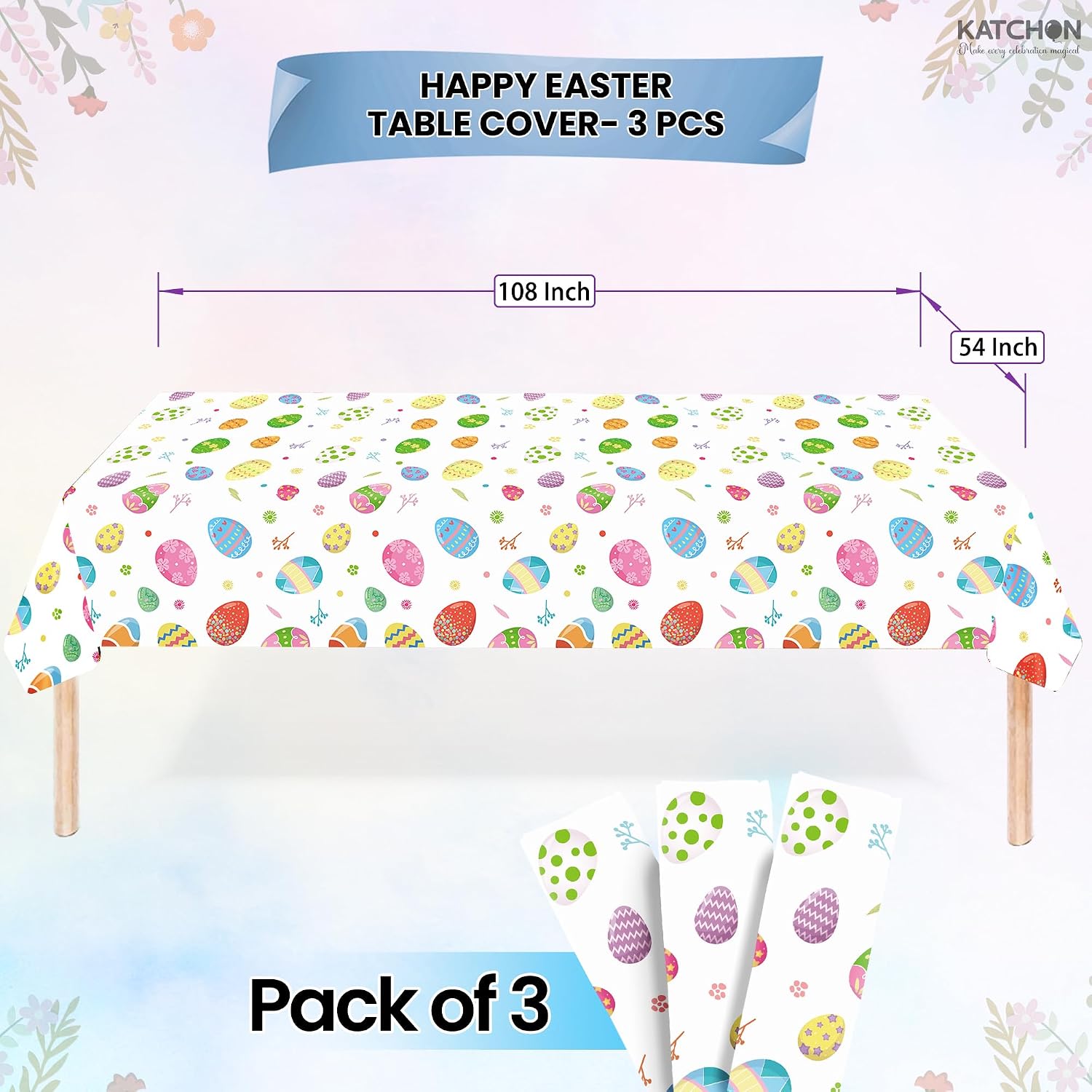 KatchOn, Happy Easter Tablecloth Rectangle - 108x54 Inch, Pack of 3 | Colorful Eggs Happy Easter Decor for Home | Spring Table Cloth for Party Decorations | Rectangle Easter Table Decorations