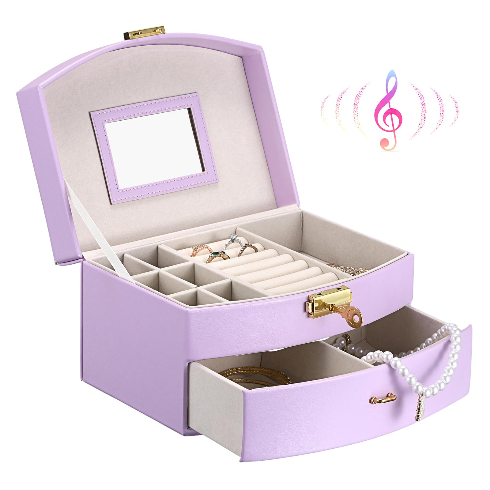 Musical Trinket Box, Pu Leather Jewelry Storage Organizer with Drawer & Mirror for Necklaces, Rings, Earrings, 2 Layer Music Keepsake Jewellery Box, Purple