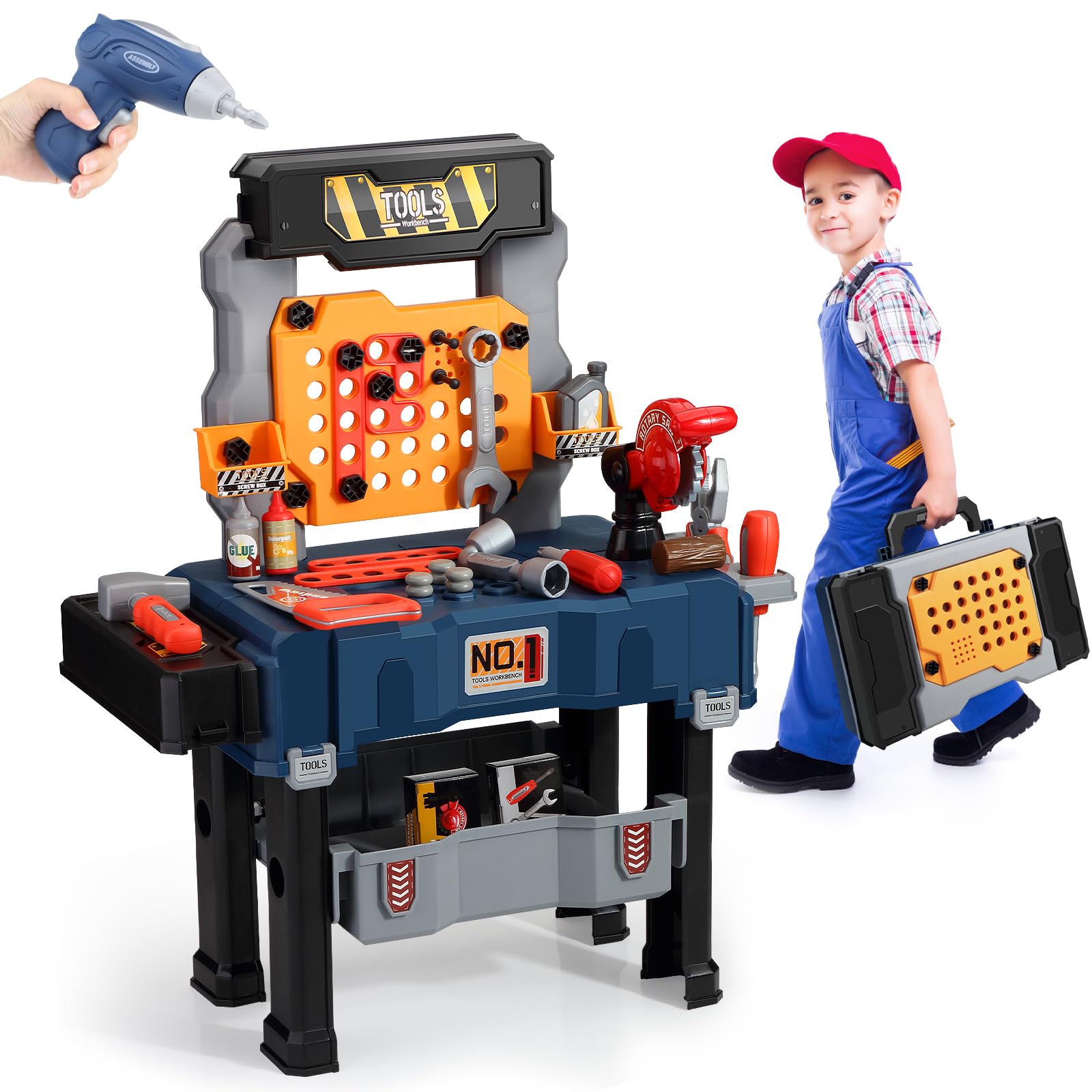 JOVOW Banco de trabajo para niños, 68 piezas, maletín de herramientas transformable, juego de herramientas con taladro simulado, caja de herramientas para niños, juego de rol, juego educativo, regalo