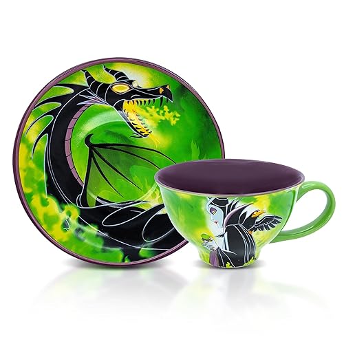 Silver Buffalo Disney Sleeping Beauty Maleficent Ceramic Teacup and Saucer Featuring Maleficent, Diablo, and Maleficent in Dragon Form, 12 Ounces
