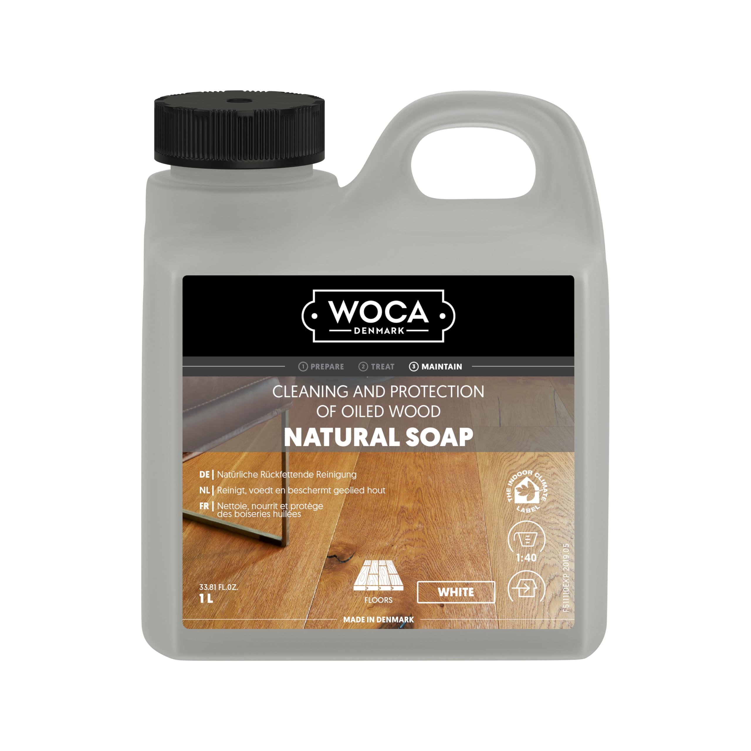 WOCA Natural Soap, White|1 L| - Concentrated Wood Cleaner for oil or wax finished hardwood floors, tables, millwork, cutting boards, and countertops.