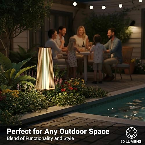 Miniatura 3 de Juego de 2 lámparas de pie para exteriores, faroles solares de ratán impermeables para exteriores, para balcón, terraza, jardín y patio (natural)