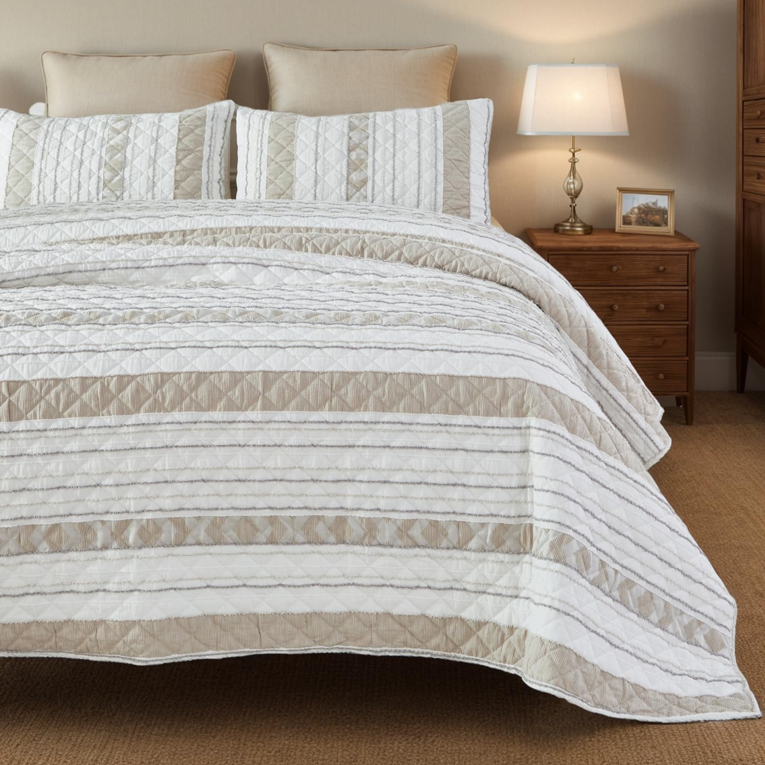 Brandream White Beige Quilts Set King Size Coverlet Cotton