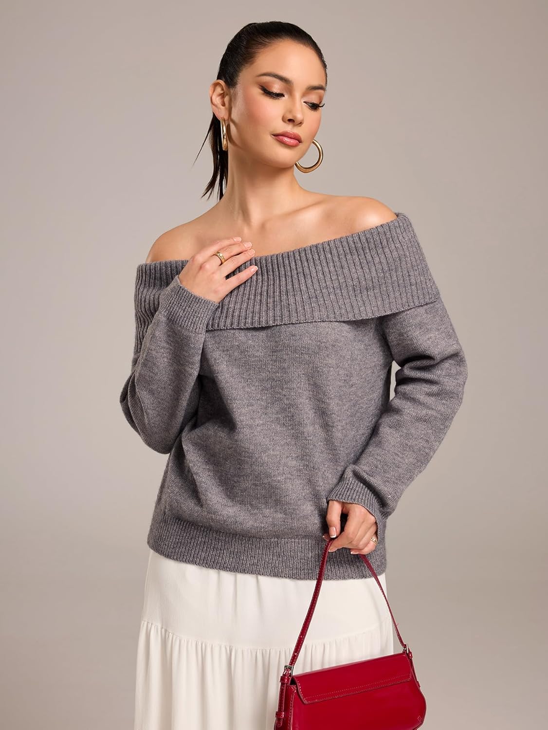 Women's Sweaters Off Shoulder Solid Color Long Sleeve Sweater Off The Shoulder Sweater Fall Sweaters Fall - Image 5