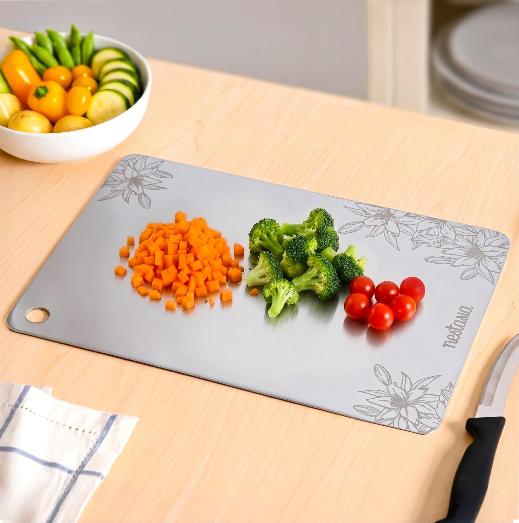 Nestasia Stainless Steel Chopping Board for Kitchen (35cm x 25cm) - Lily Floral Engraved Steel Cutting Board for Chopping Fruits & Vegetables | 100% Food Safe, Rust Resistant & Dishwasher Safe