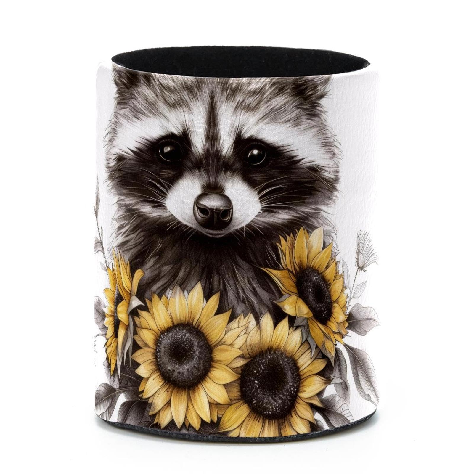 VAPOKF Round Pencil Holders for Desk, Raccoon Sunflower Pen Holders Pen Pot Makeup Brushes Storage Desktop Stationery Supplies Organiser for Home Office