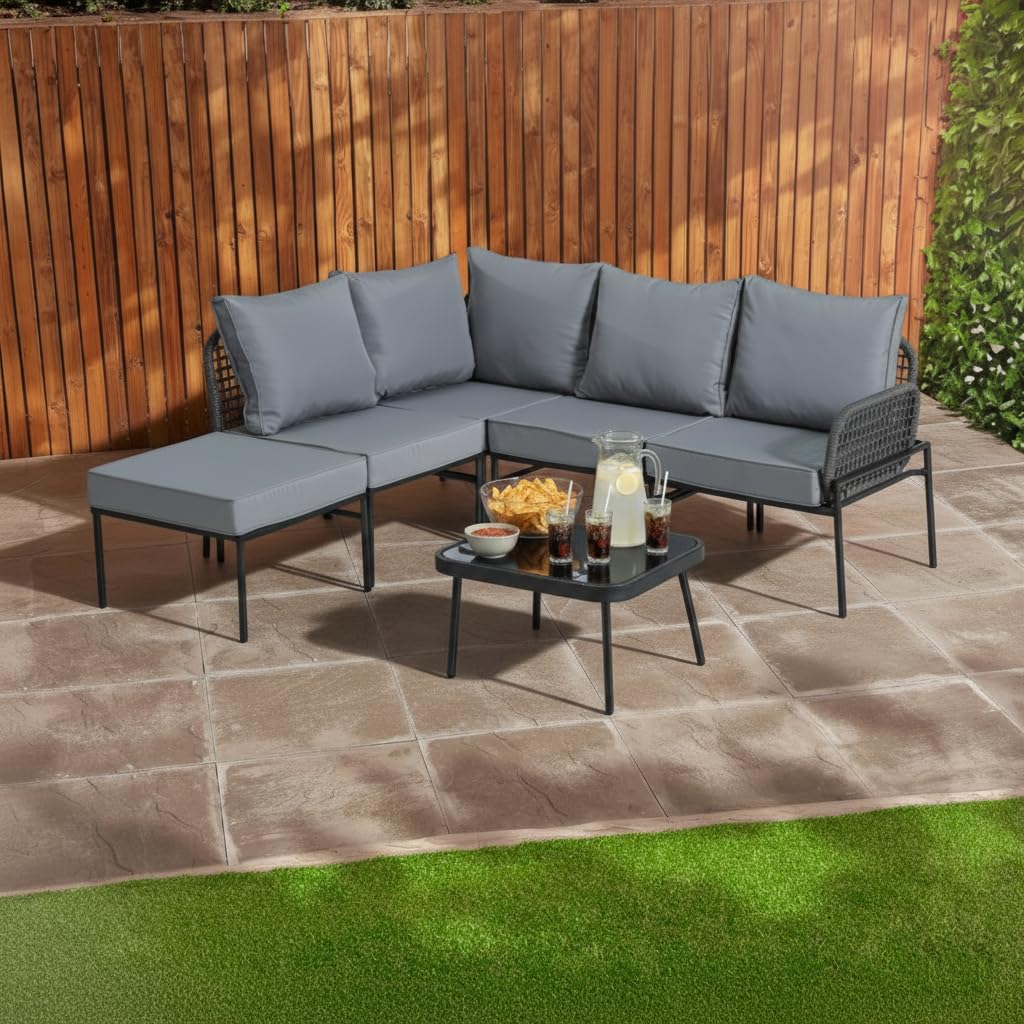 Home Treats Black & Grey L-Shape Outdoor Sofa Set | Garden Patio Furniture with Table and Cushions | Water Resistant 3-Seater Lawn Corner Bench Set
