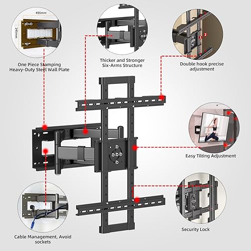 Miniatura 6 de Soporte de pared para TV de movimiento completo horizontal a vertical para 50 a 90 pulgadas, soporte de pared para pantallas LED LCD de hasta 264