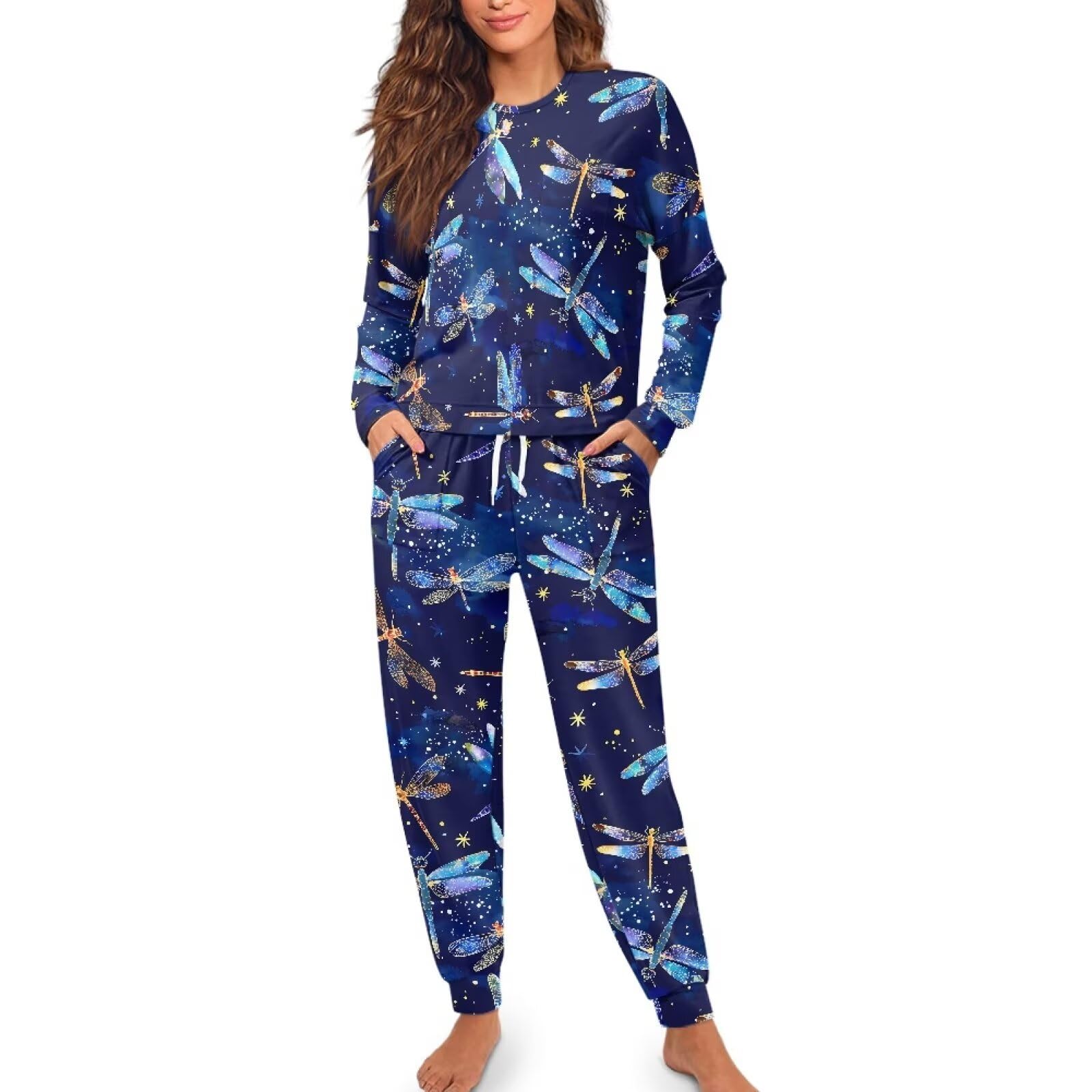 JEOCODY Womens Pajamas Casual Plus Size Lounge Set Cozy Night Shirts Long Sleeve Sleepwear
