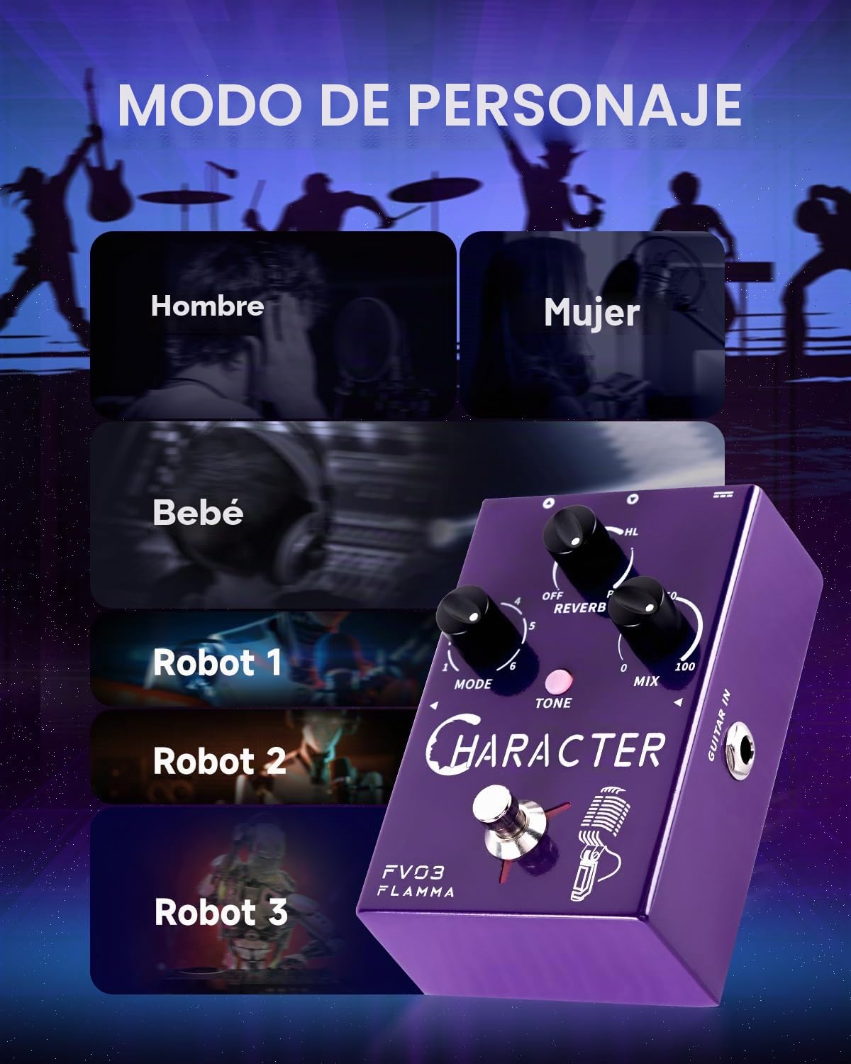 FLAMMA FV03 Pedal de efectos vocales procesador de voz amplificador vocal Stompbox cambio de voz suena como robot macho hembra bebé con efectos de reverberación retardada para pulir voces, incluye