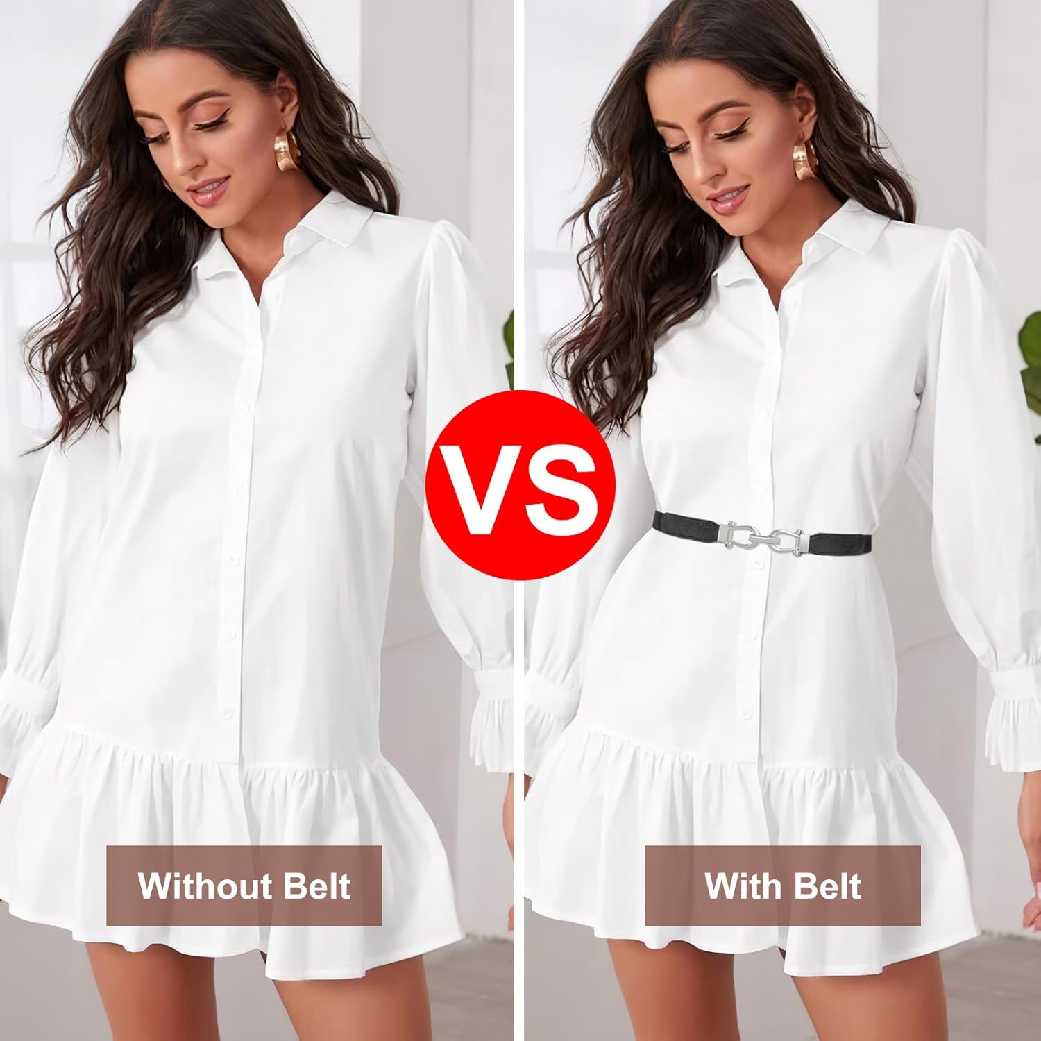 WERFORU Women Skinny Belt for Dresses Retro Stretch Waist Belt with Gold Buckle Set of 4 - Image 3