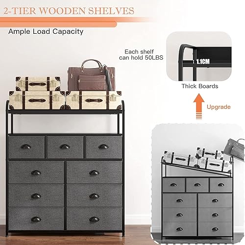 Miniatura 6 de EnHomee - Cómoda para dormitorio con 9 cajones, cómodas con 2 estantes abiertos, cómodas de tela y baúles de cajones para dormitorio, marco de metal