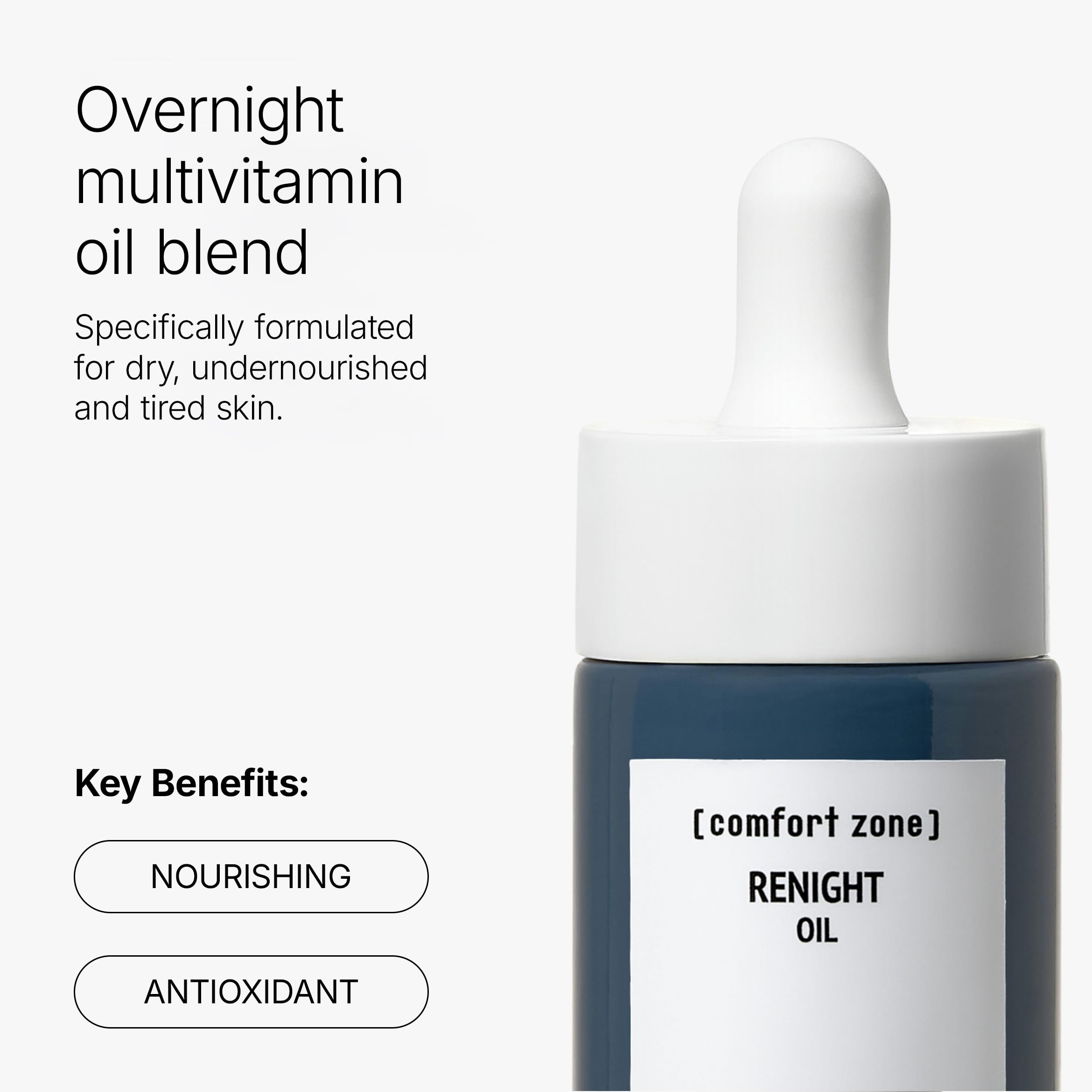 Renight Nourishing Vitamin Face Oil, Antioxidant Night Treatment, Silky Texture, Clean Beauty, Vegan, Organic Goji Berry, Macadamia Oil, Dry & Stressed Skin, 1.01 Fl Oz