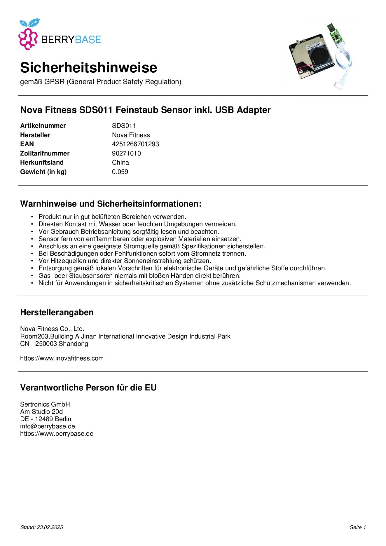 SDS011 Feinstaub Sensor inkl. USB Adapter