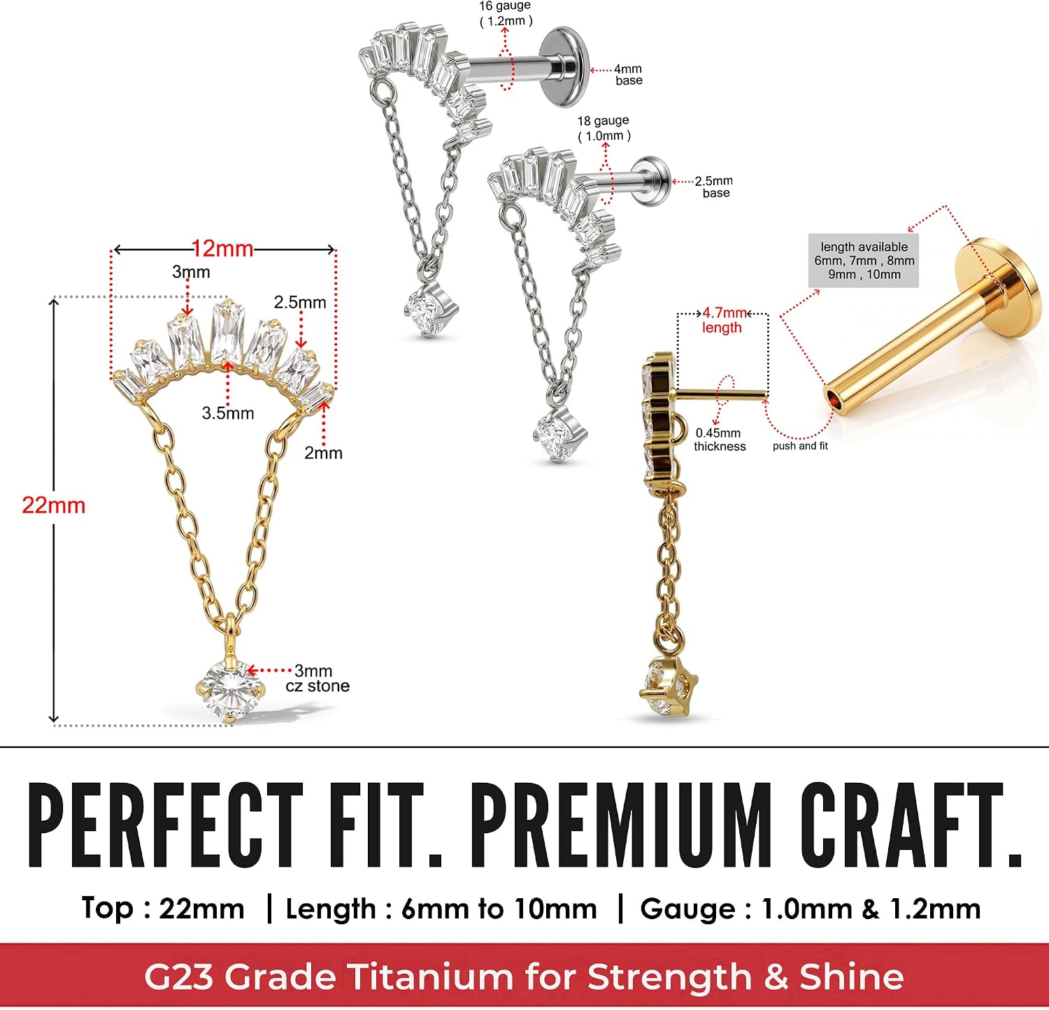 G23 Grade Titanium Fan Arc and Round Cz Stones with Double Chain Dangling Threadless Tragus Labret Piercing Jewelry