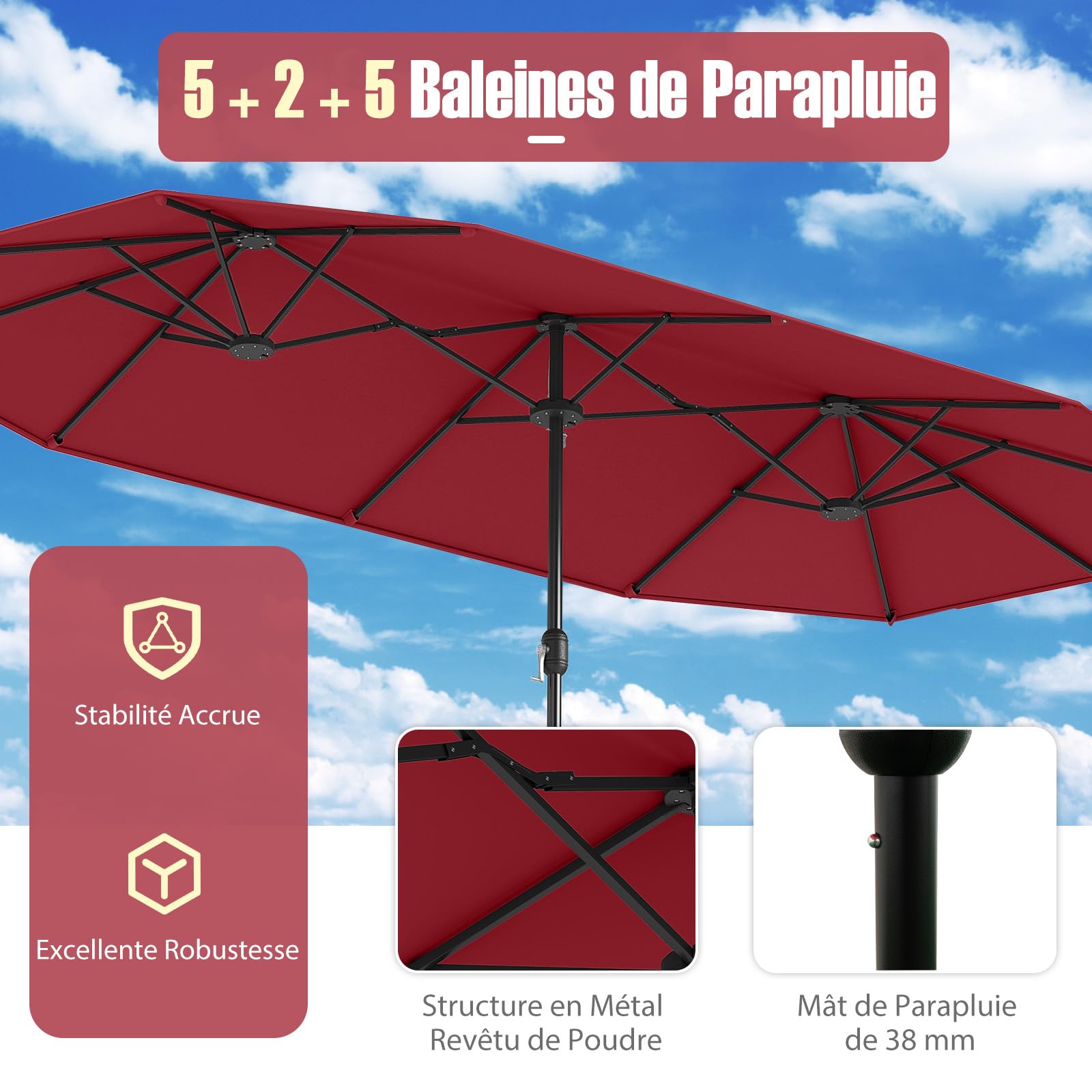 RELAX4LIFE Grand Parasol de Jardin Extérieur avec Pied | Parasol Double Terrasse à 12 Baleines | Manivelle | Polyester Résistant | Verrou de Sécurité | Protection UV pour Piscine Patio Marché,Bordeaux