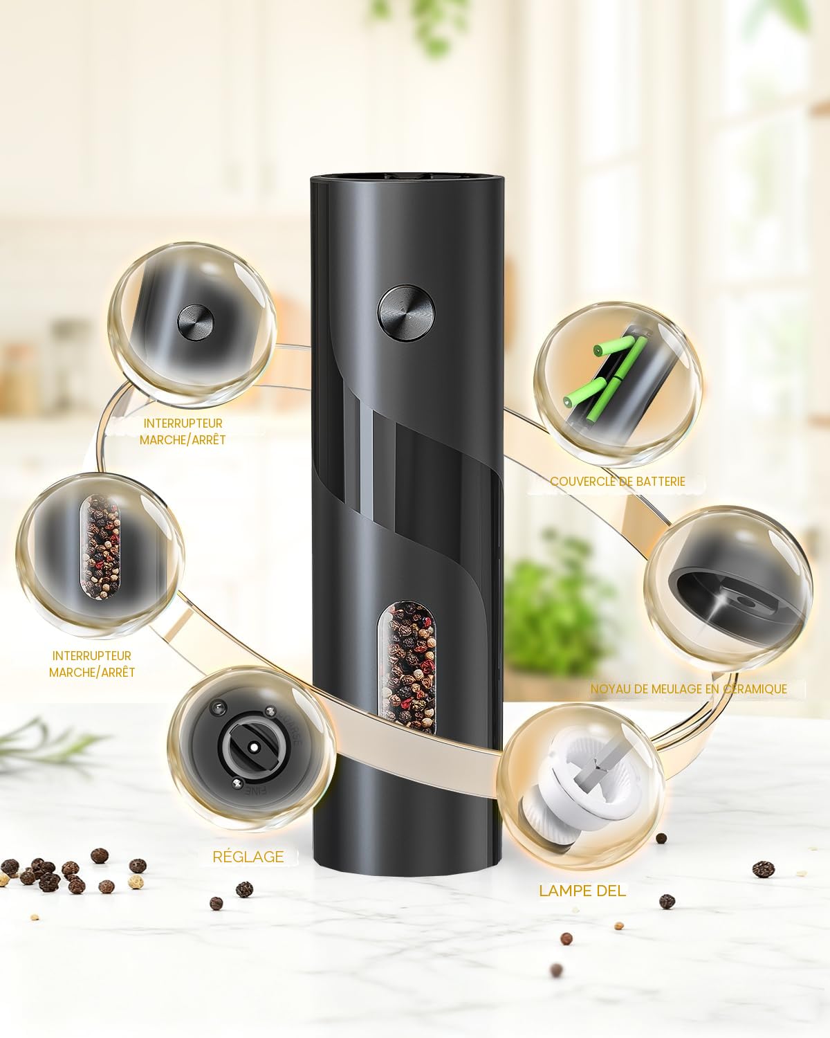 Moulin à sel et à poivre électrique 120 ml lot de 2 avec éclairage LED - Noir
