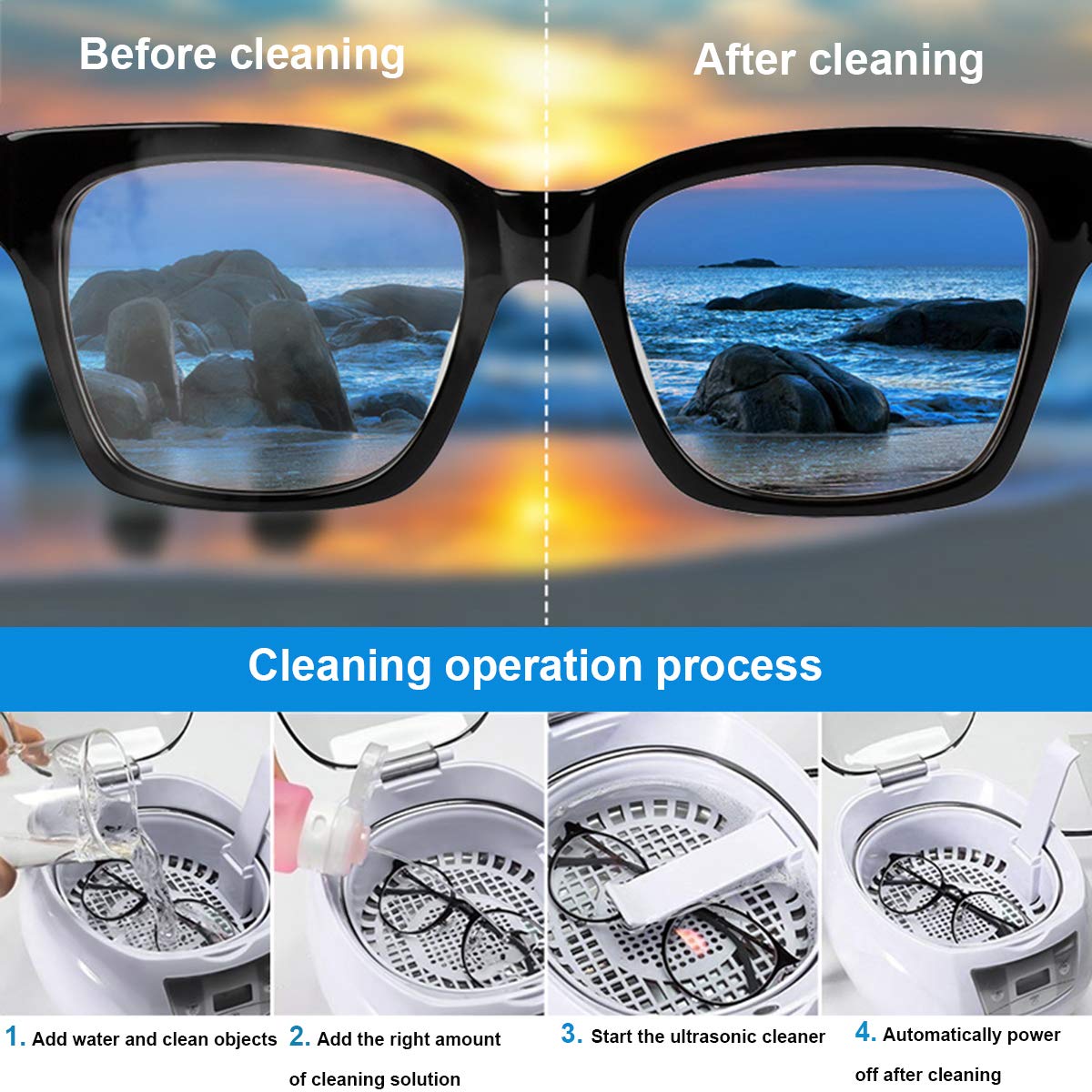 JHM-Pulitore Ad Ultrasuoni Gioielleria Protesi Cleaner Machine 750ML 43000Hz, Ultra Sonic Cleaner con Supporto per Orologio per Pulizia Collane Anelli Occhiali Orologi Monete Rasoi
