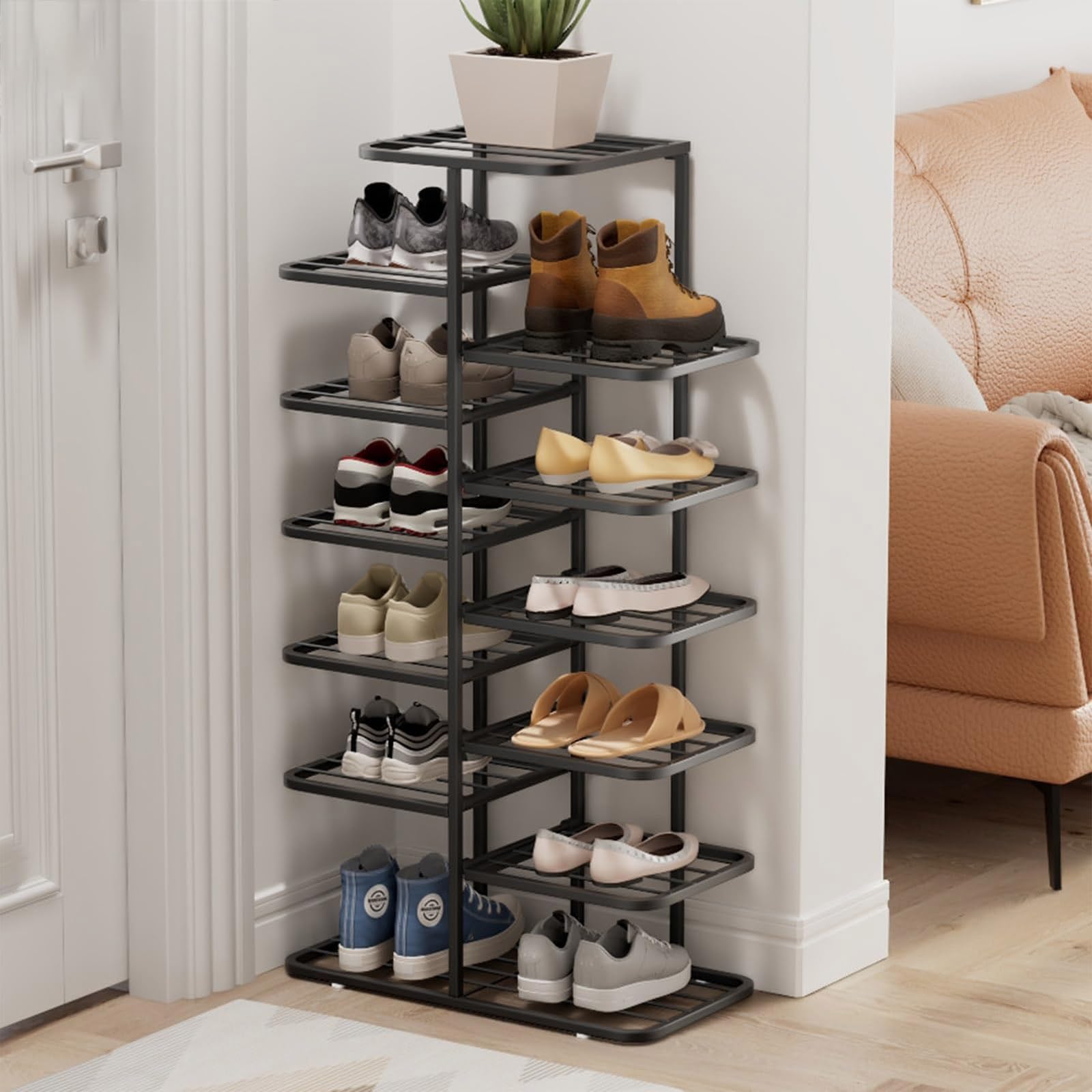 Gold Shoe Rack, 3-10 Tier Vertical Storage Tower, Ripiano a Doppia Fila in Metallo Stretto con Livelli Regolabili per l'armadio Entryway, organizzatore Sottile per Gli Stivali da Tacchi Sneakers