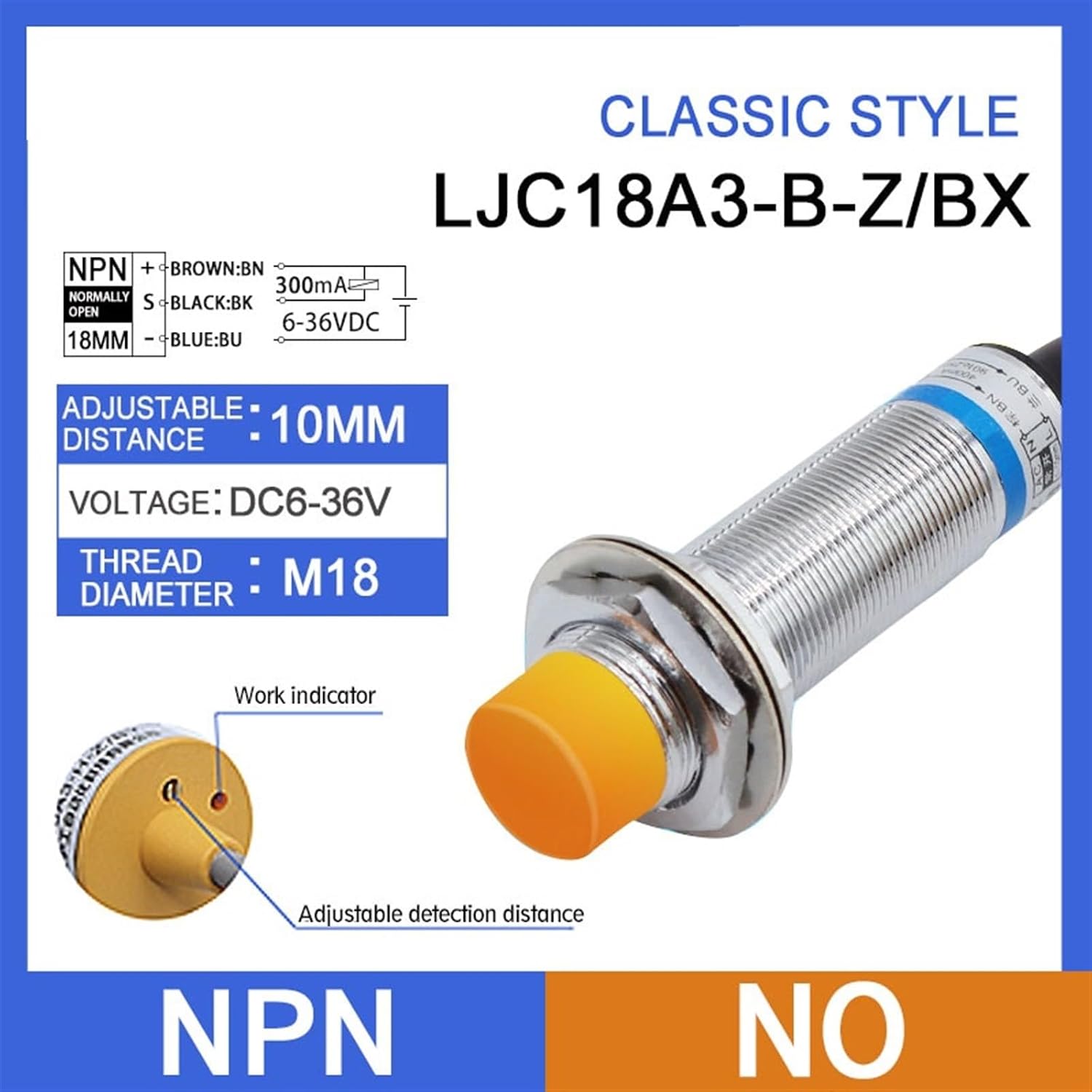Capacitive, LJC18A3 BX AX BY AY EZ DZ proximity switch, PNP/NPN, DC6V-36V, AC90-250V, distance: 10mm, M18,proximity sensor (Color : NPN-NO)